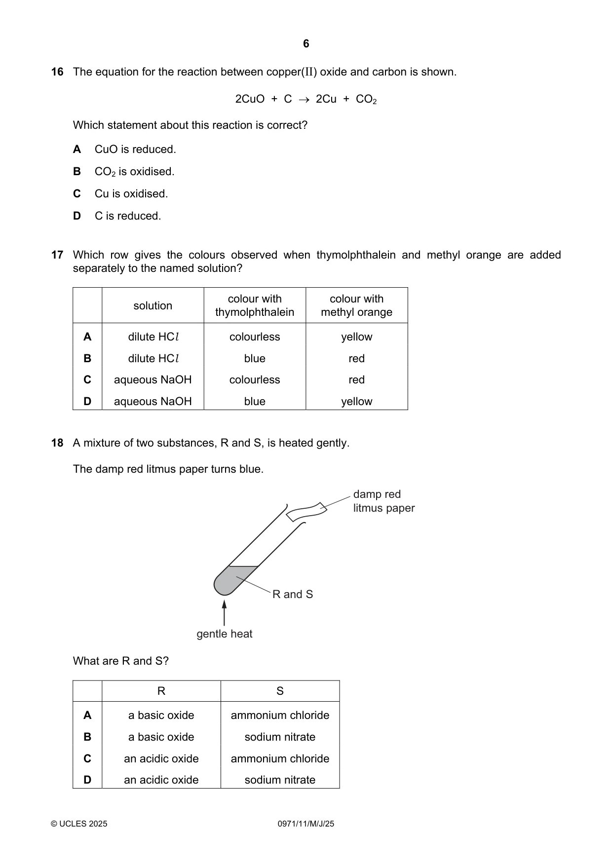 Cambridge IGCSE Chemistry (9-1) 0971 2025 May/June Paper 1 · Variant 1 question paper, page 6 of 16