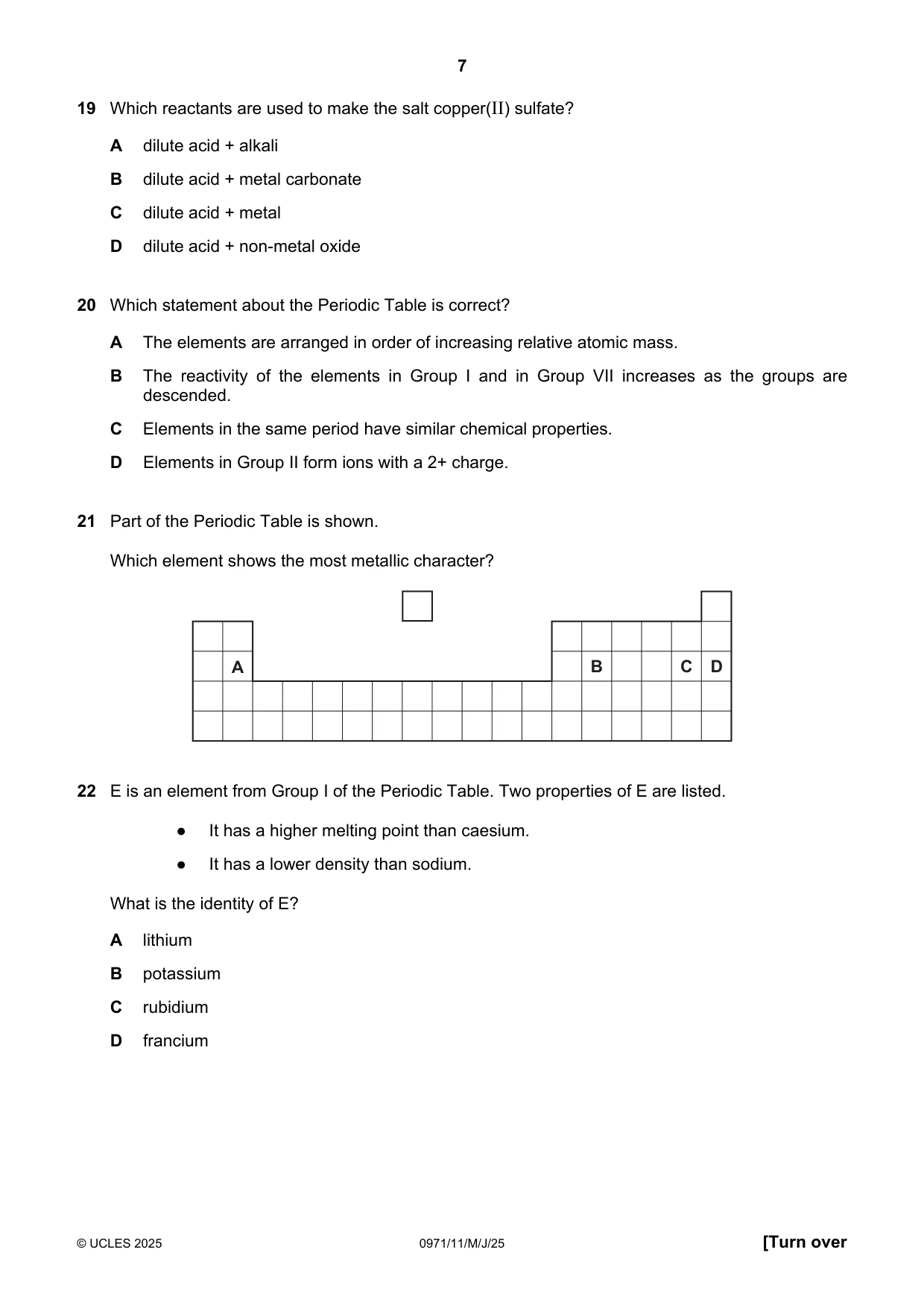 Cambridge IGCSE Chemistry (9-1) 0971 2025 May/June Paper 1 · Variant 1 question paper, page 7 of 16