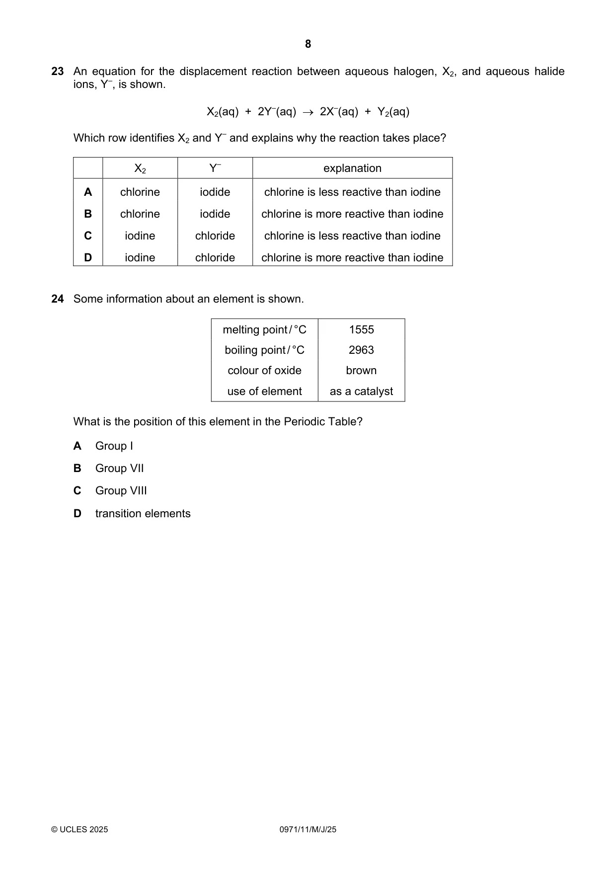Cambridge IGCSE Chemistry (9-1) 0971 2025 May/June Paper 1 · Variant 1 question paper, page 8 of 16