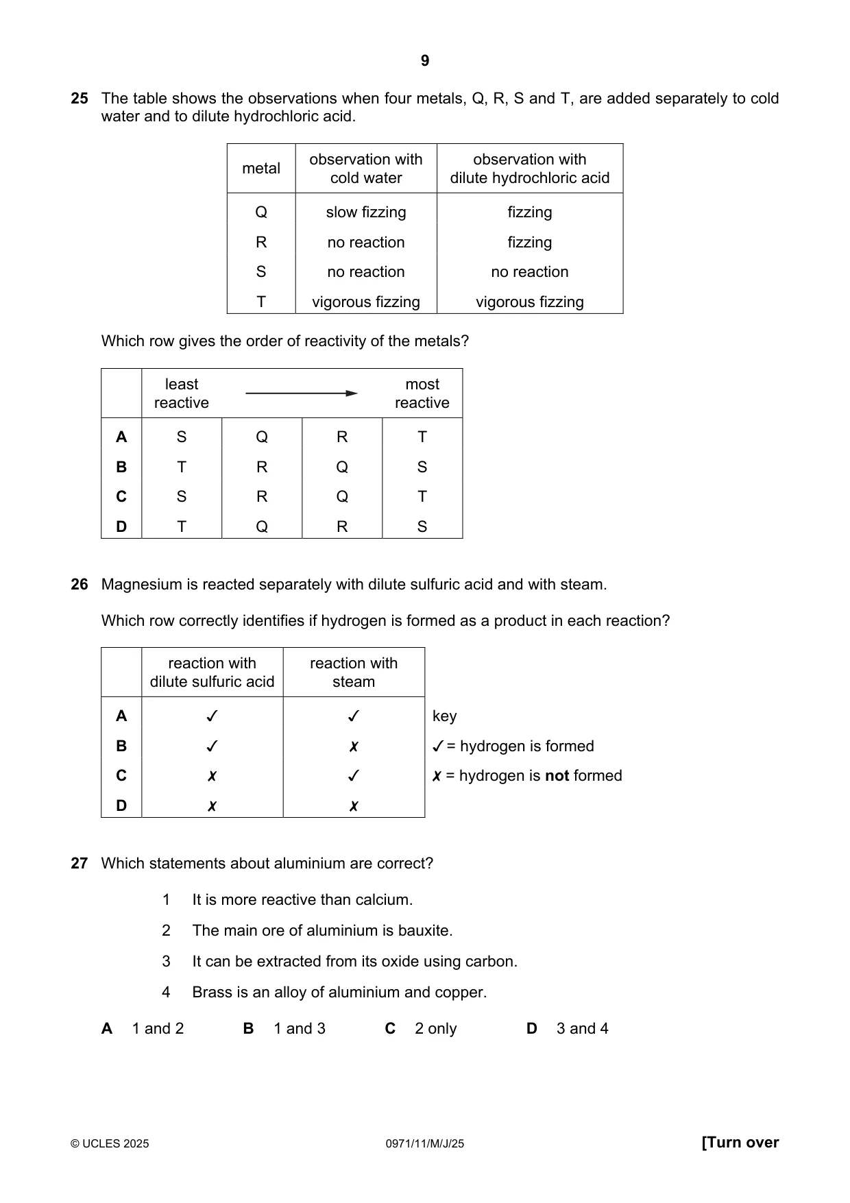 Cambridge IGCSE Chemistry (9-1) 0971 2025 May/June Paper 1 · Variant 1 question paper, page 9 of 16