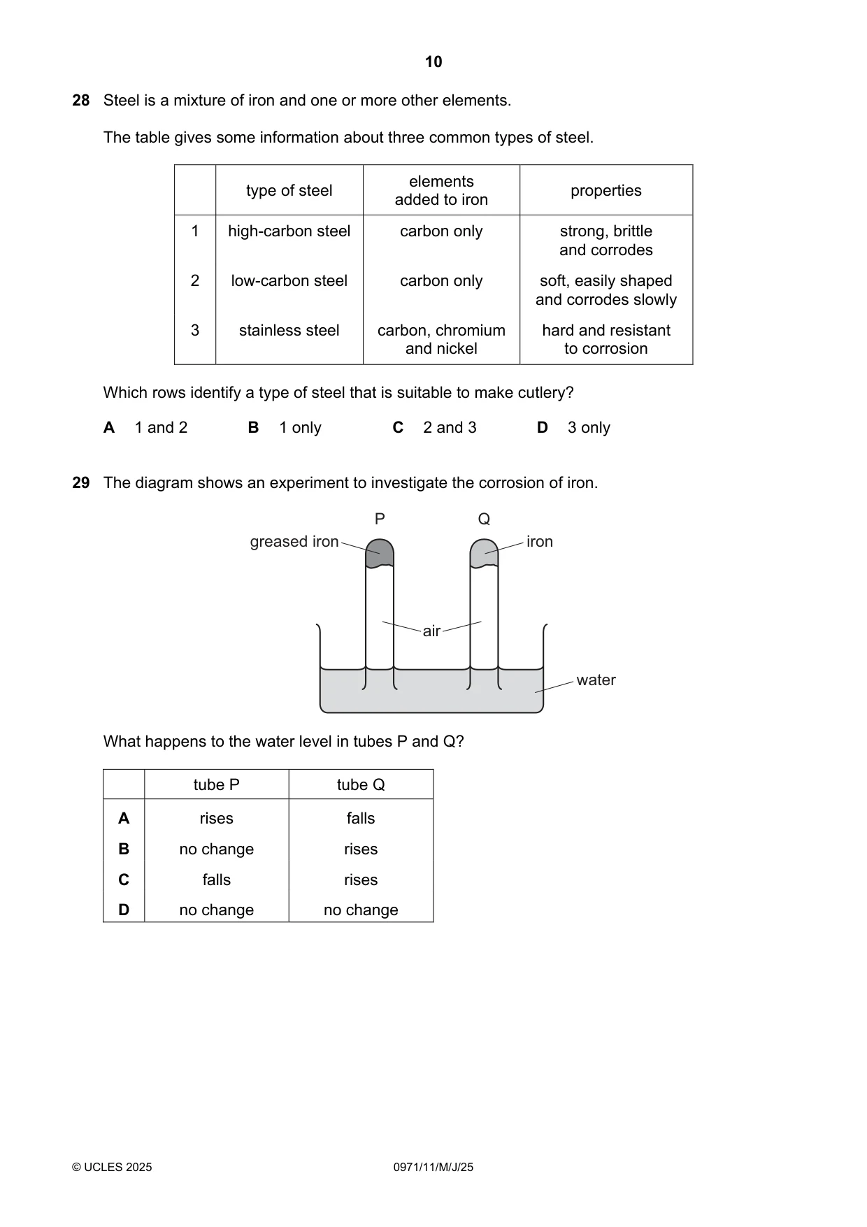 Cambridge IGCSE Chemistry (9-1) 0971 2025 May/June Paper 1 · Variant 1 question paper, page 10 of 16