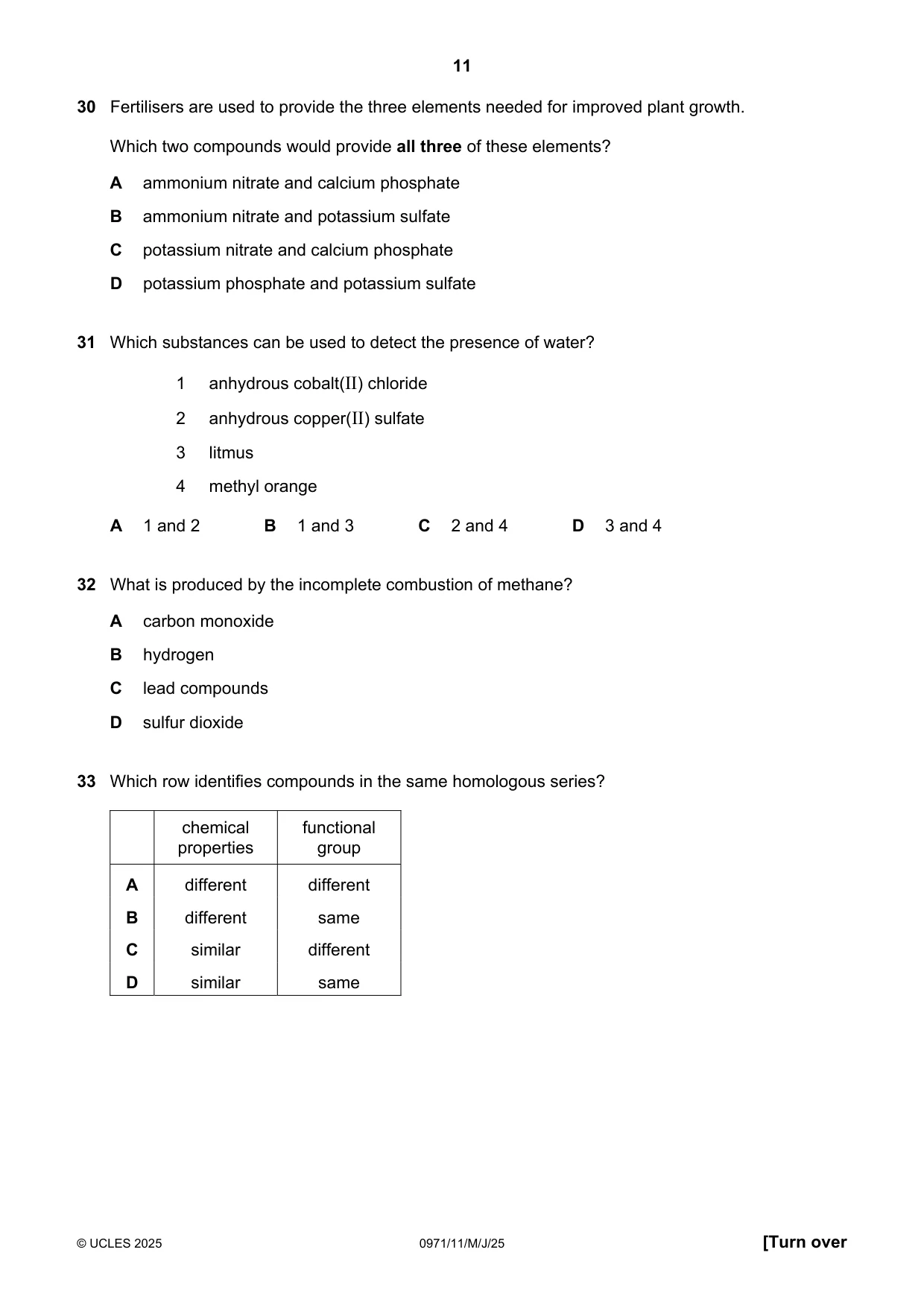 Cambridge IGCSE Chemistry (9-1) 0971 2025 May/June Paper 1 · Variant 1 question paper, page 11 of 16