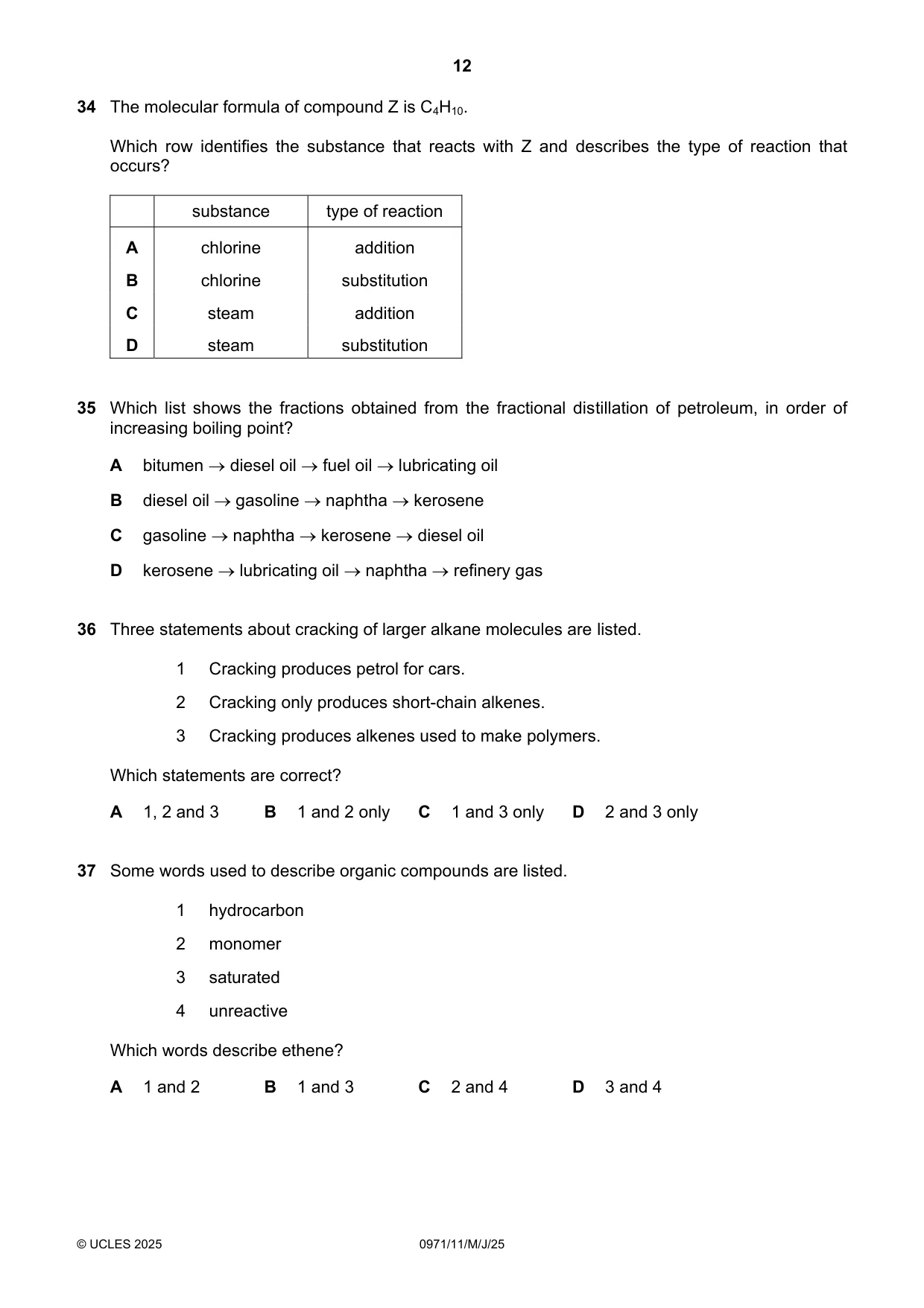 Cambridge IGCSE Chemistry (9-1) 0971 2025 May/June Paper 1 · Variant 1 question paper, page 12 of 16