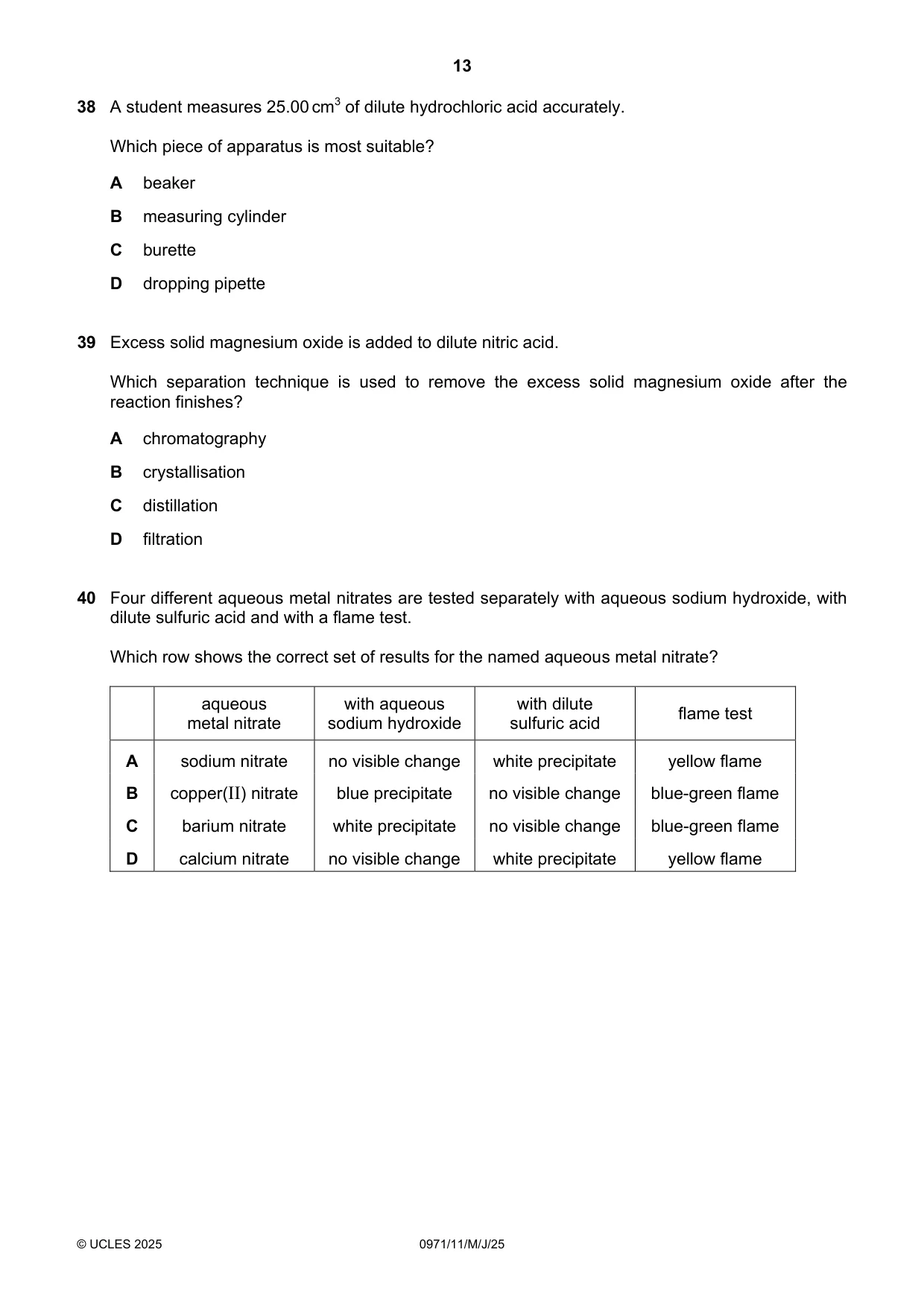 Cambridge IGCSE Chemistry (9-1) 0971 2025 May/June Paper 1 · Variant 1 question paper, page 13 of 16