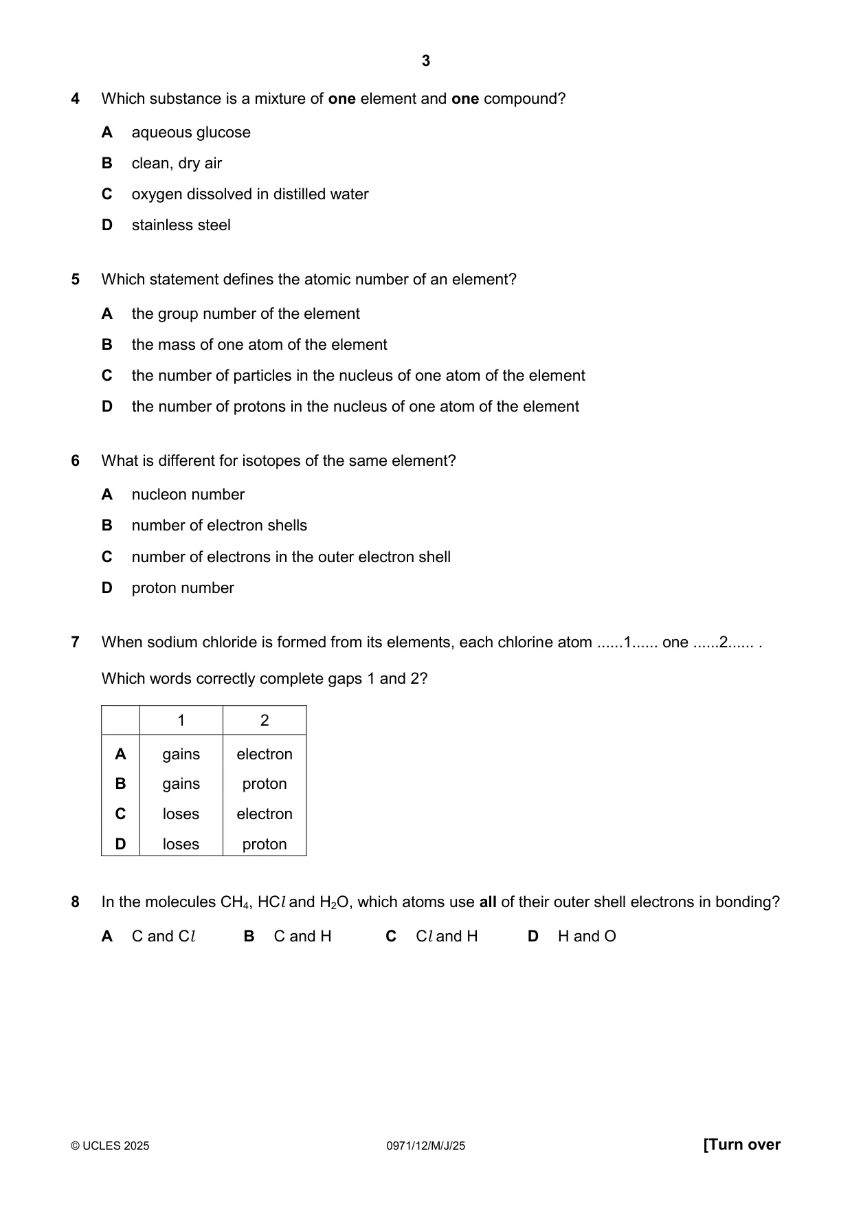 Cambridge IGCSE Chemistry (9-1) 0971 2025 May/June Paper 1 · Variant 2 question paper, page 3 of 16
