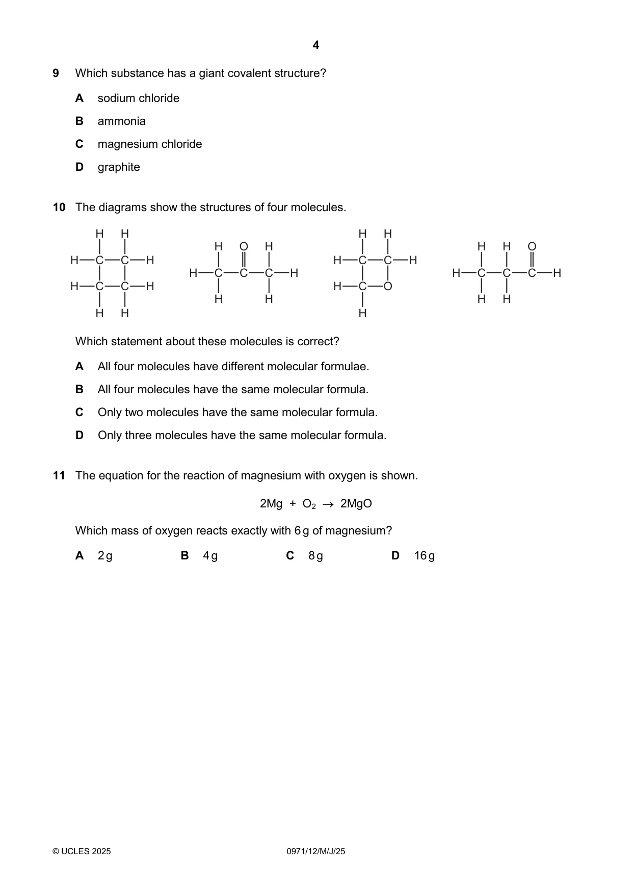 Cambridge IGCSE Chemistry (9-1) 0971 2025 May/June Paper 1 · Variant 2 question paper, page 4 of 16