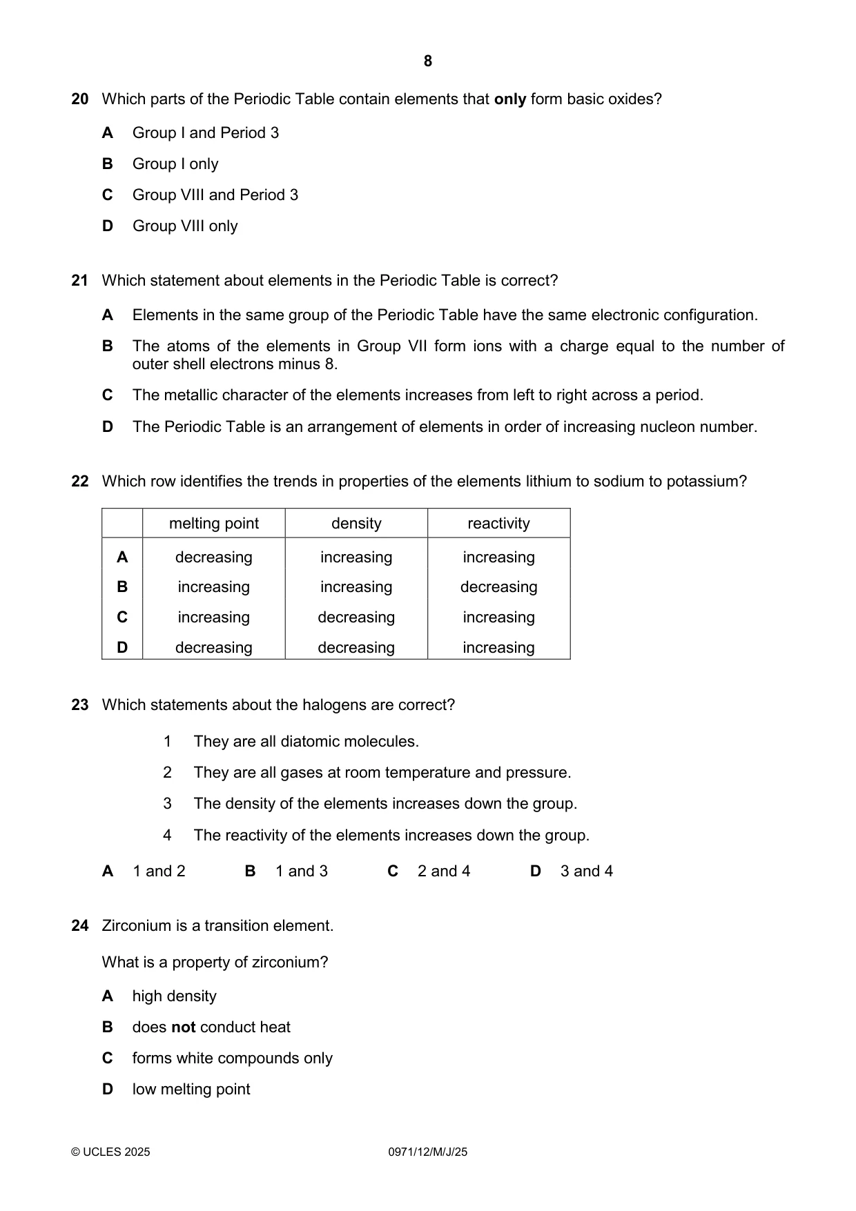 Cambridge IGCSE Chemistry (9-1) 0971 2025 May/June Paper 1 · Variant 2 question paper, page 8 of 16