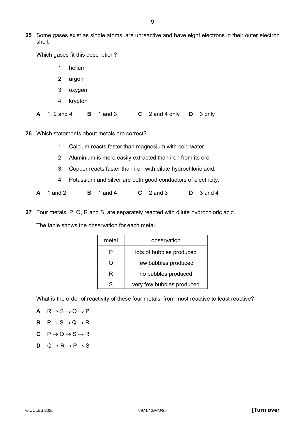 Cambridge IGCSE Chemistry (9-1) 0971 2025 May/June Paper 1 · Variant 2 question paper, page 9 of 16