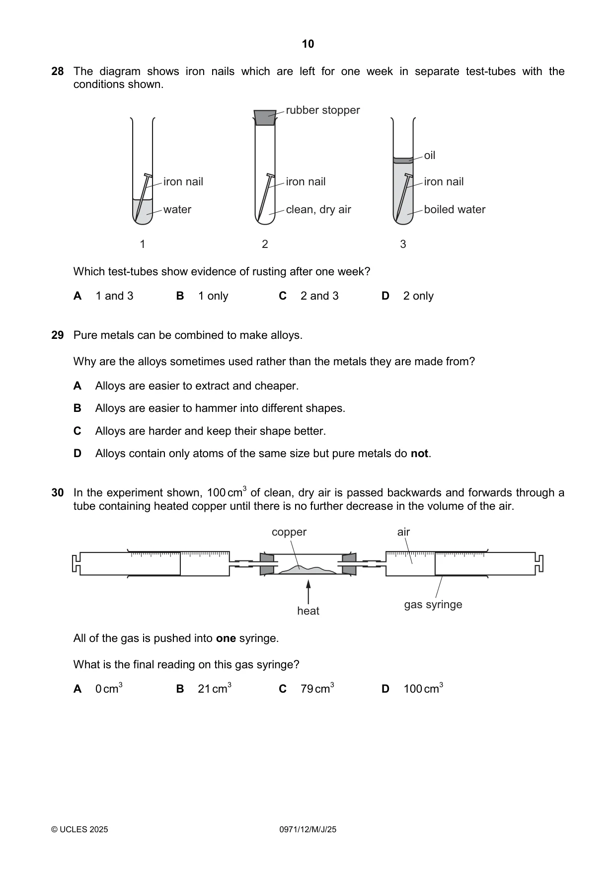 Cambridge IGCSE Chemistry (9-1) 0971 2025 May/June Paper 1 · Variant 2 question paper, page 10 of 16