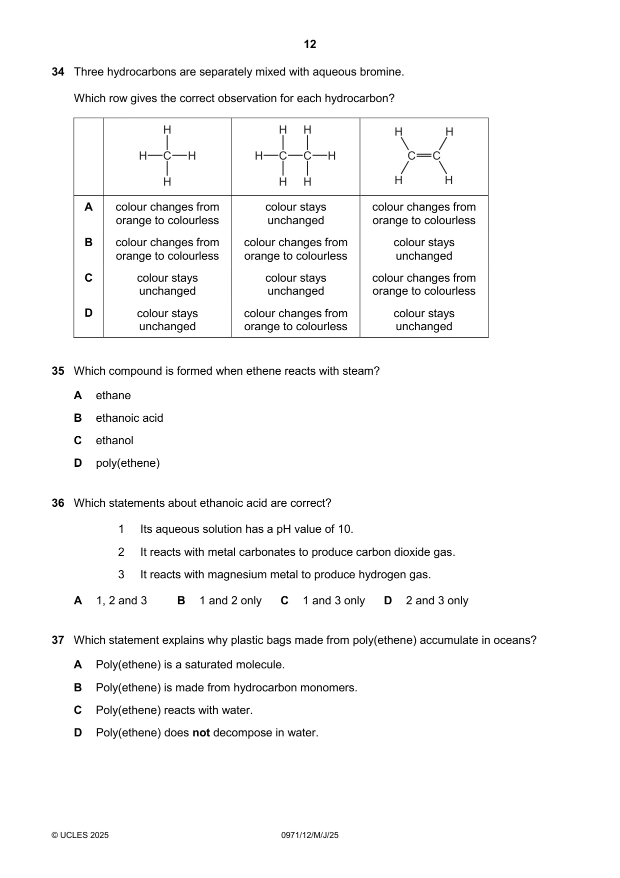 Cambridge IGCSE Chemistry (9-1) 0971 2025 May/June Paper 1 · Variant 2 question paper, page 12 of 16