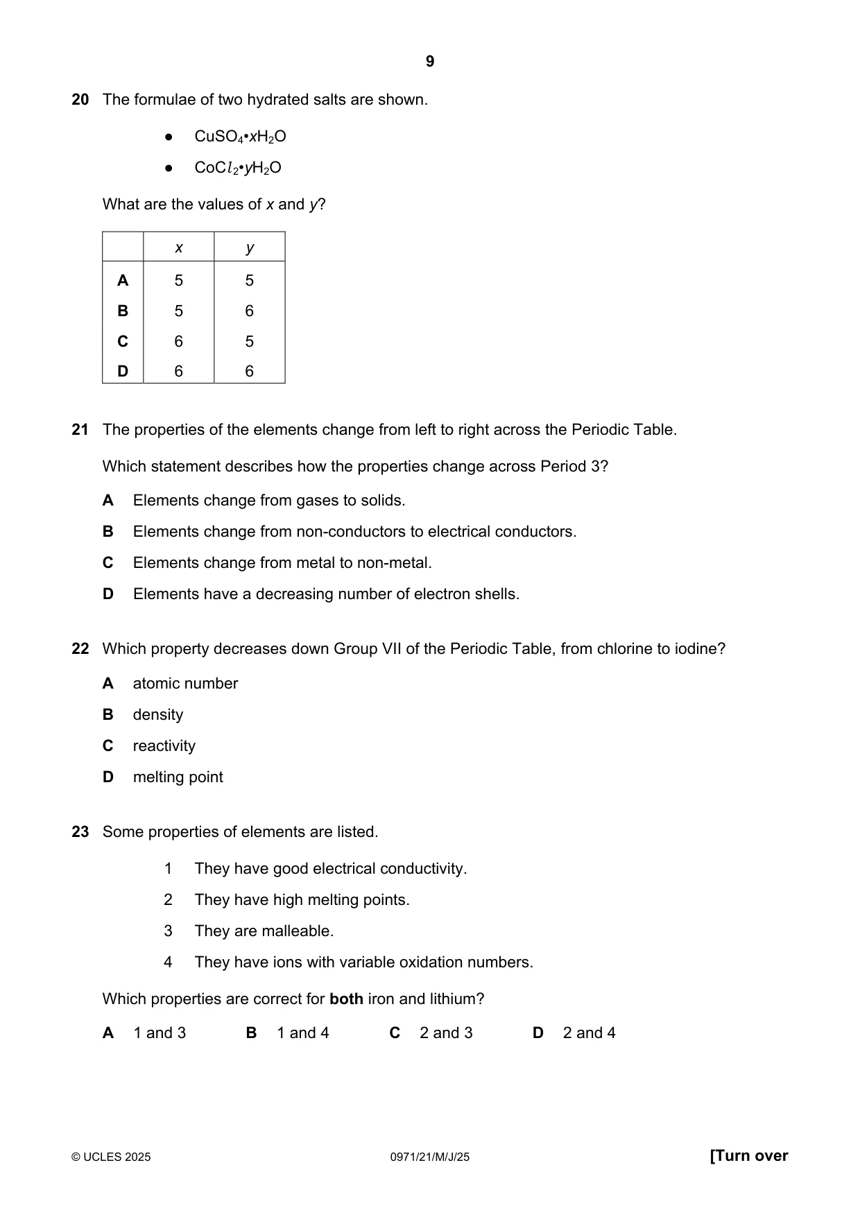 Cambridge IGCSE Chemistry (9-1) 0971 2025 May/June Paper 2 · Variant 1 question paper, page 9 of 16