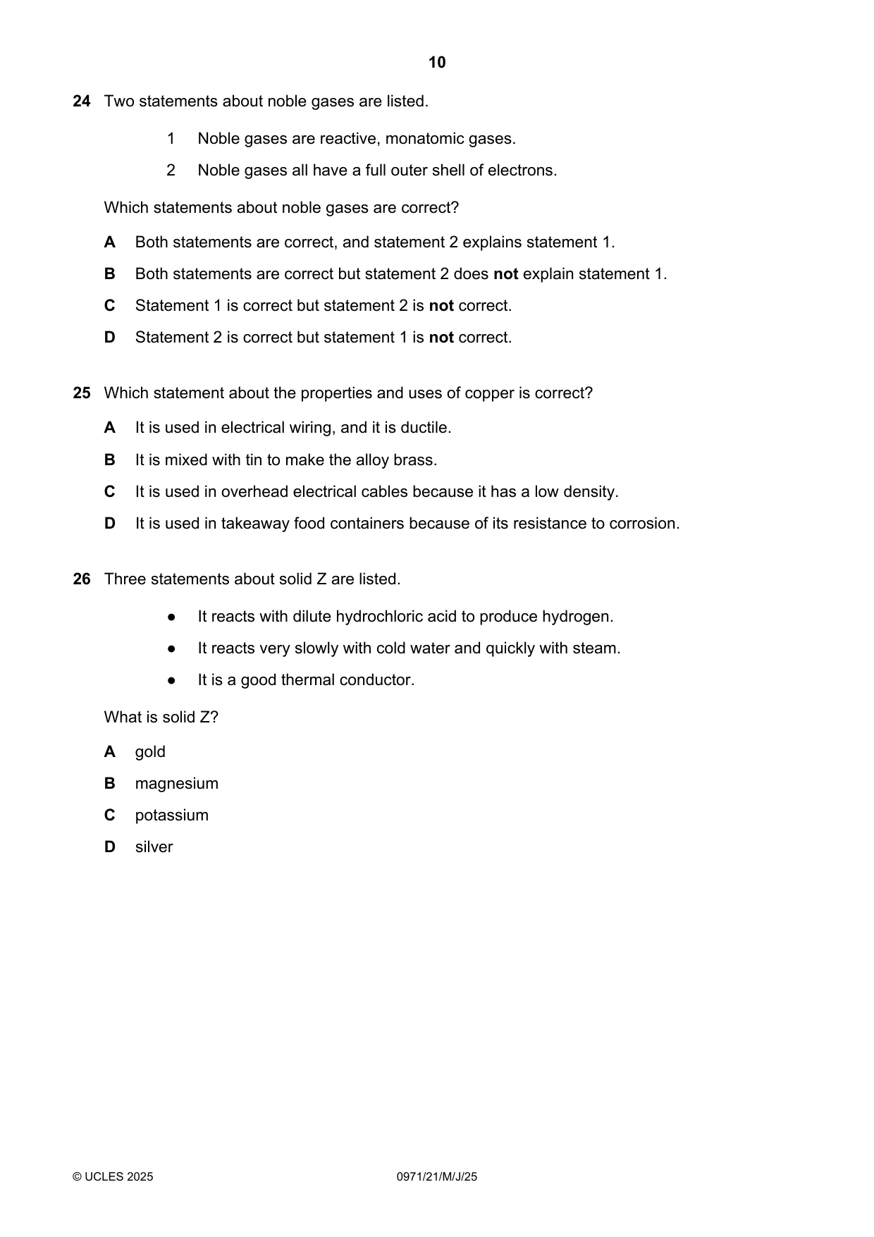 Cambridge IGCSE Chemistry (9-1) 0971 2025 May/June Paper 2 · Variant 1 question paper, page 10 of 16