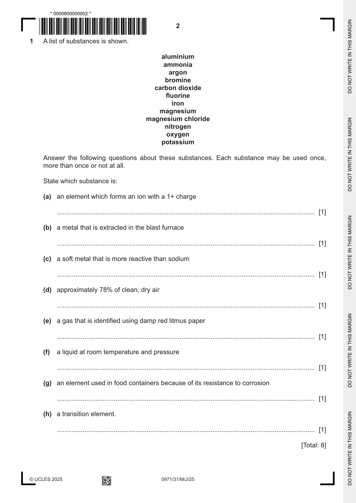 Cambridge IGCSE Chemistry (9-1) 0971 2025 May/June Paper 3 · Variant 1 question paper, page 2 of 20
