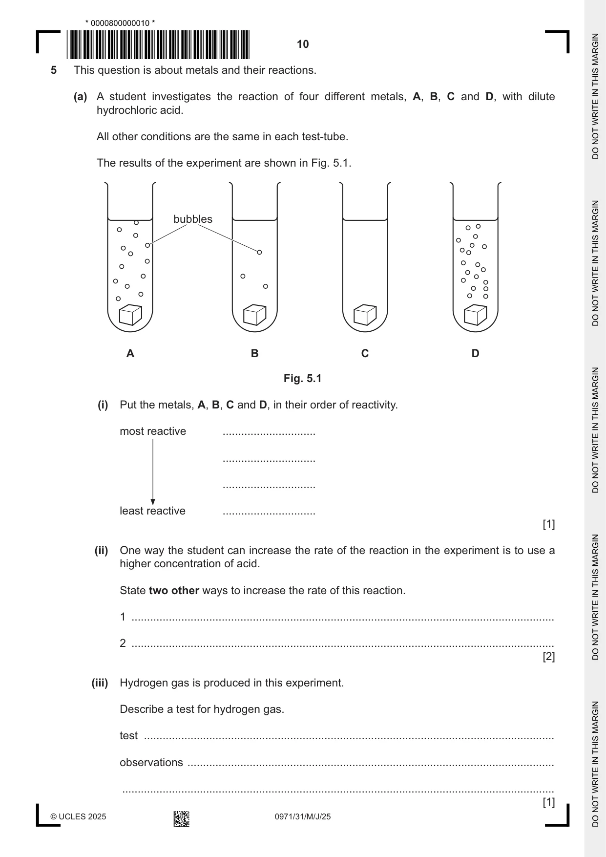 Cambridge IGCSE Chemistry (9-1) 0971 2025 May/June Paper 3 · Variant 1 question paper, page 10 of 20
