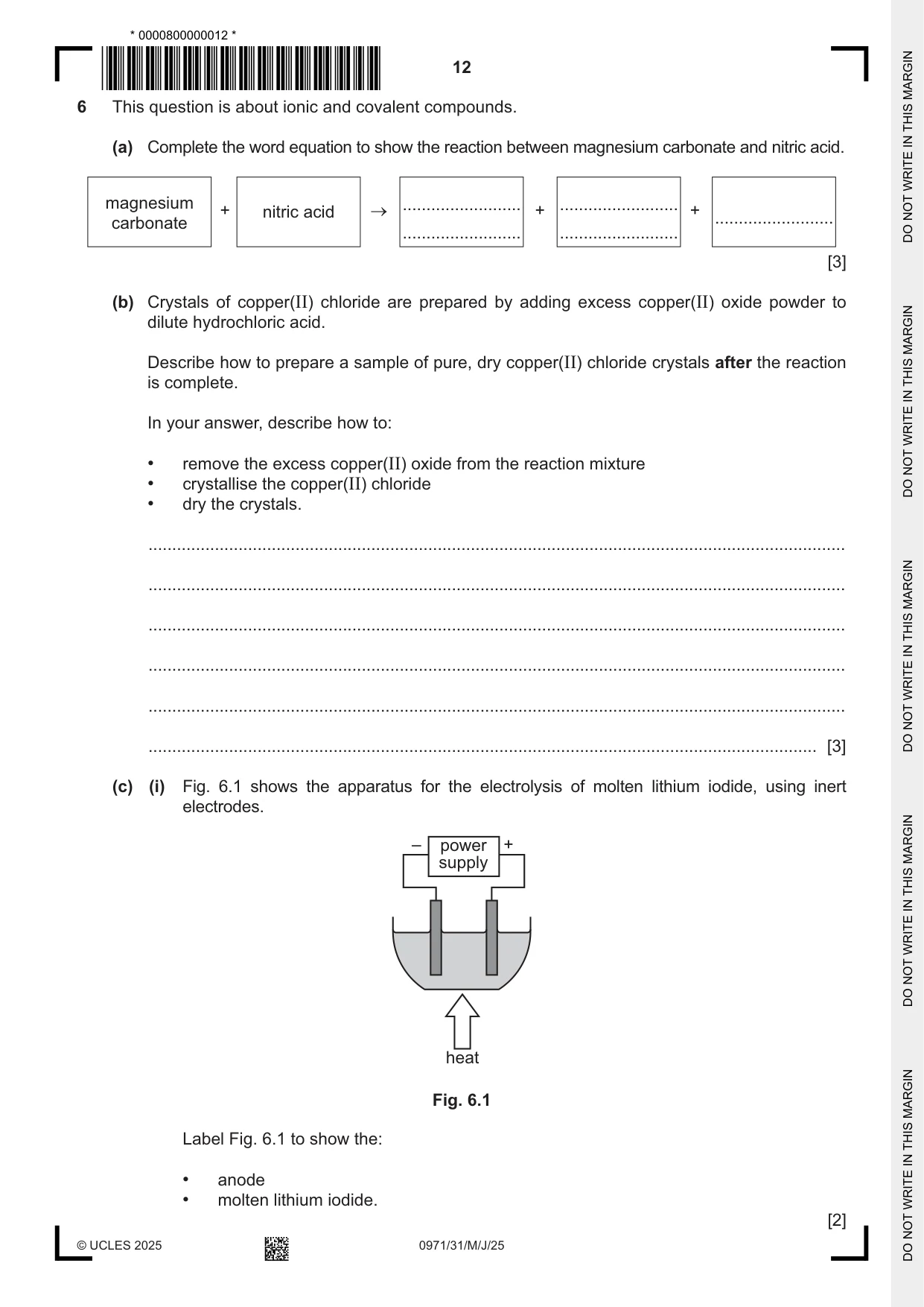 Cambridge IGCSE Chemistry (9-1) 0971 2025 May/June Paper 3 · Variant 1 question paper, page 12 of 20