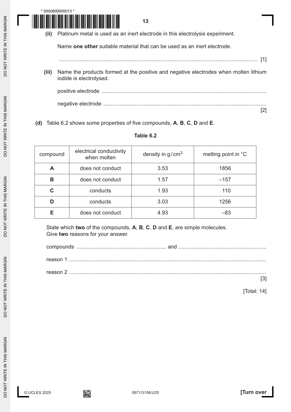Cambridge IGCSE Chemistry (9-1) 0971 2025 May/June Paper 3 · Variant 1 question paper, page 13 of 20