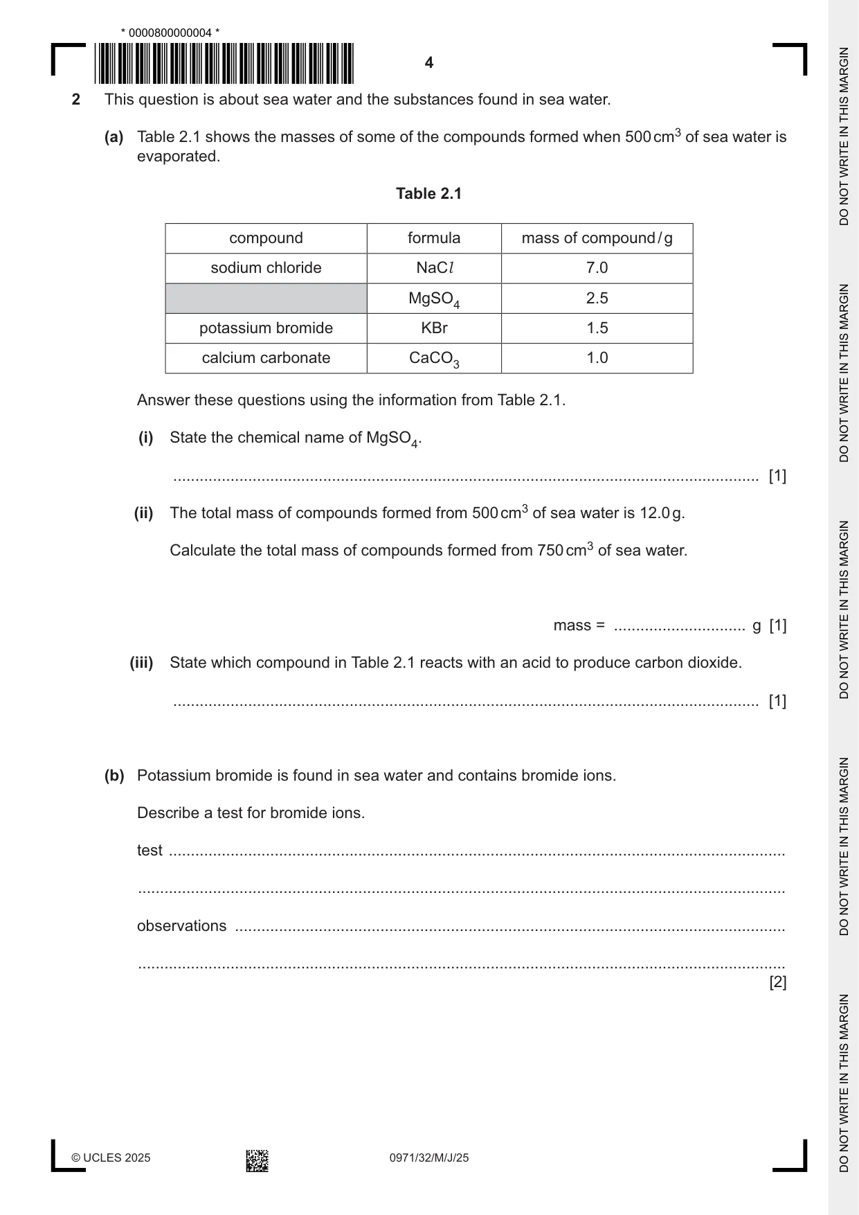 Cambridge IGCSE Chemistry (9-1) 0971 2025 May/June Paper 3 · Variant 2 question paper, page 4 of 20