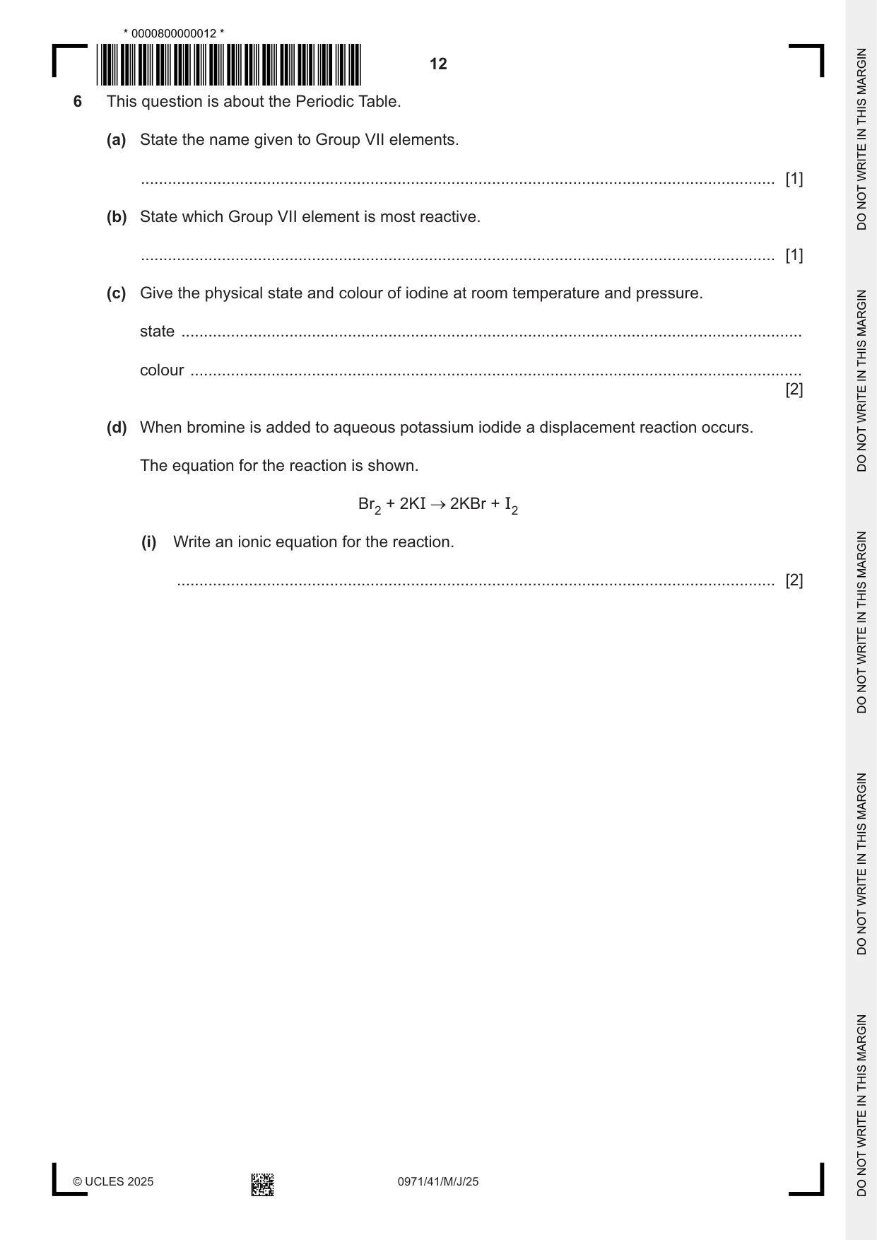 Cambridge IGCSE Chemistry (9-1) 0971 2025 May/June Paper 4 · Variant 1 question paper, page 12 of 16