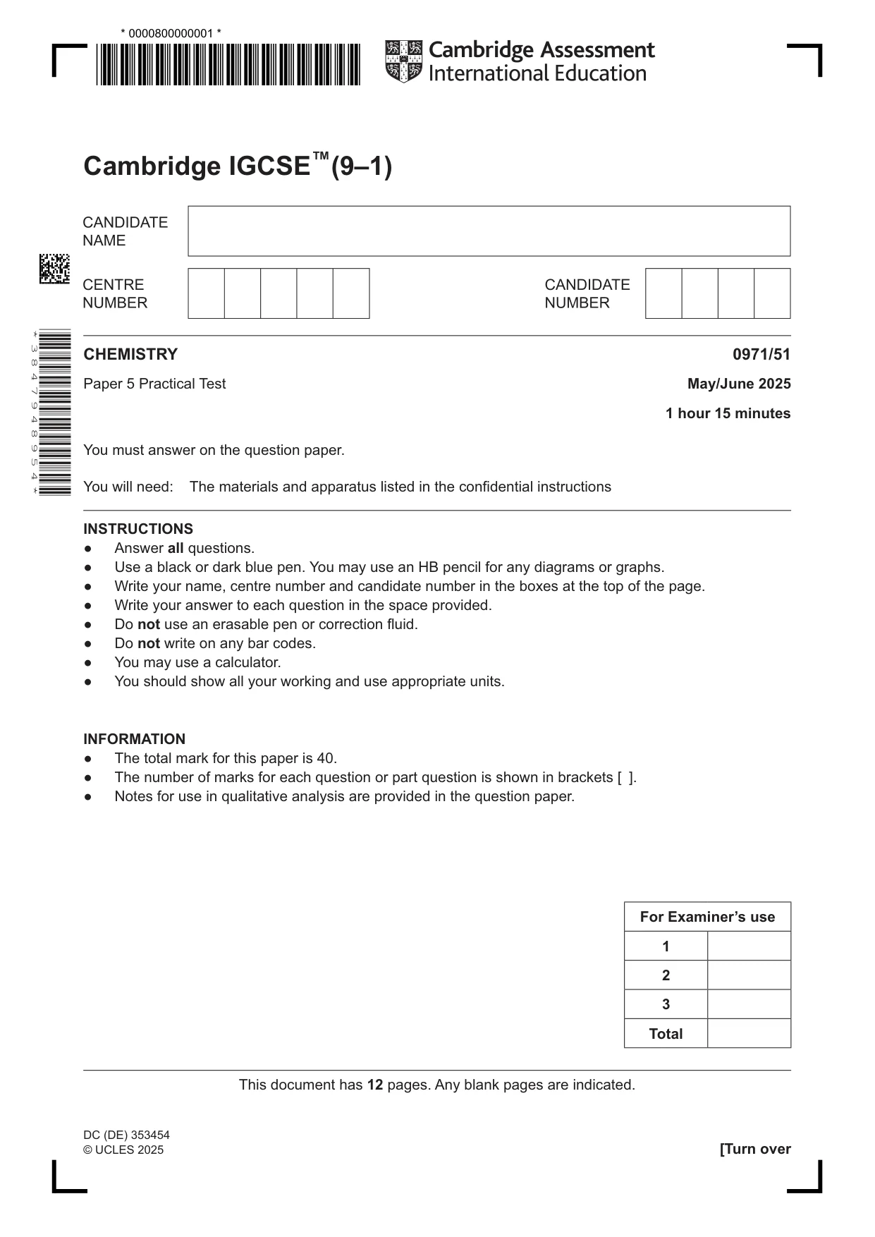 Cambridge IGCSE Chemistry (9-1) 0971 2025 May/June Paper 5 · Variant 1 question paper, page 1 of 12