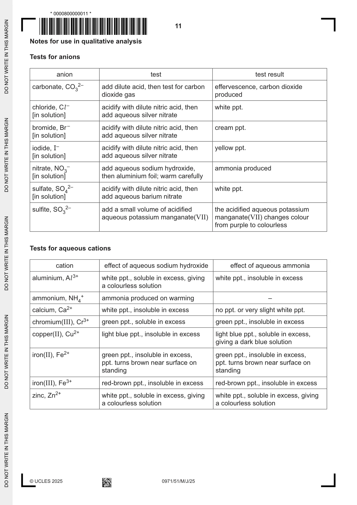 Cambridge IGCSE Chemistry (9-1) 0971 2025 May/June Paper 5 · Variant 1 question paper, page 11 of 12