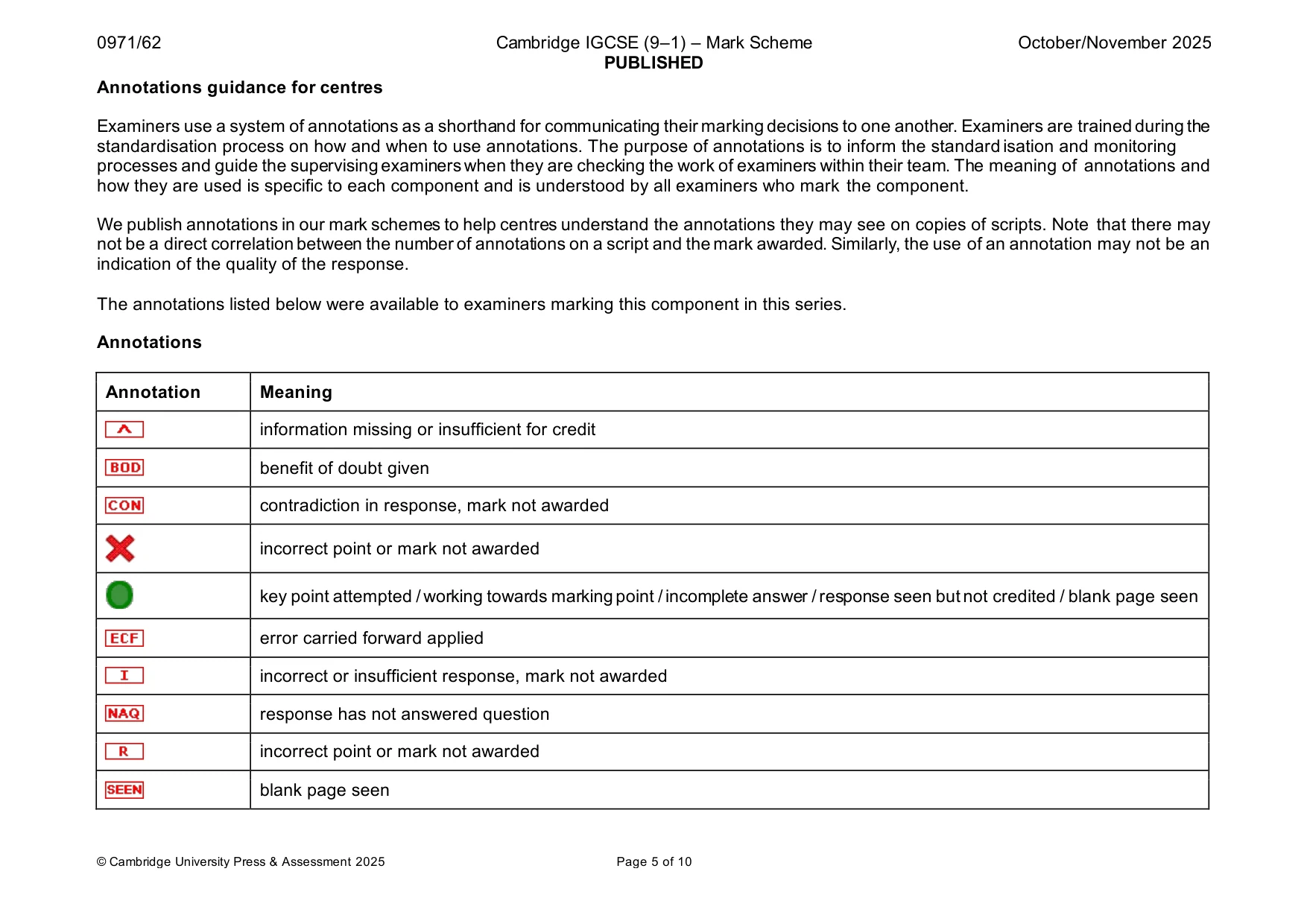 Mark scheme, page 5 of 10