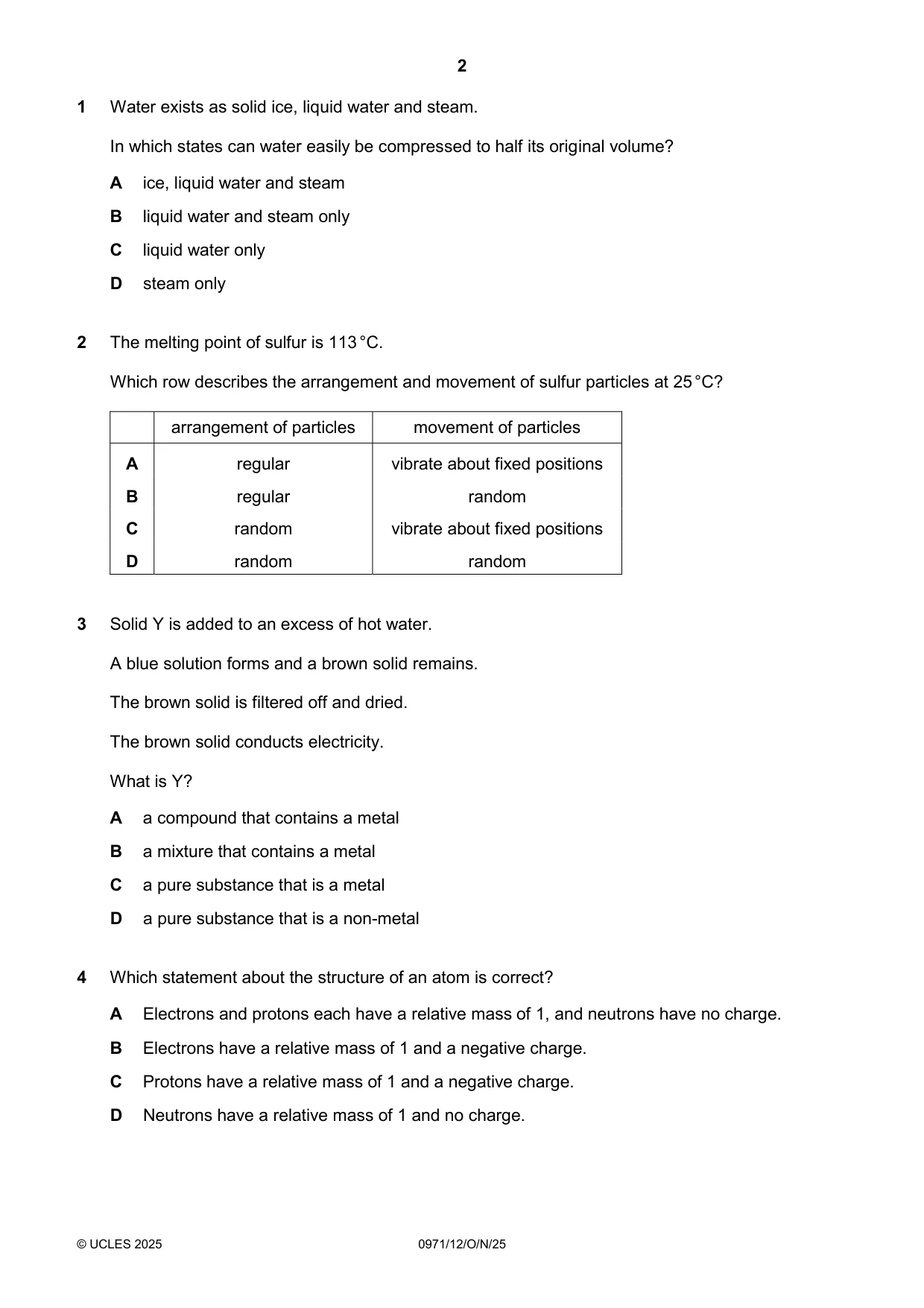 Cambridge IGCSE Chemistry (9-1) 0971 2025 Oct/Nov Paper 1 · Variant 2 question paper, page 2 of 16
