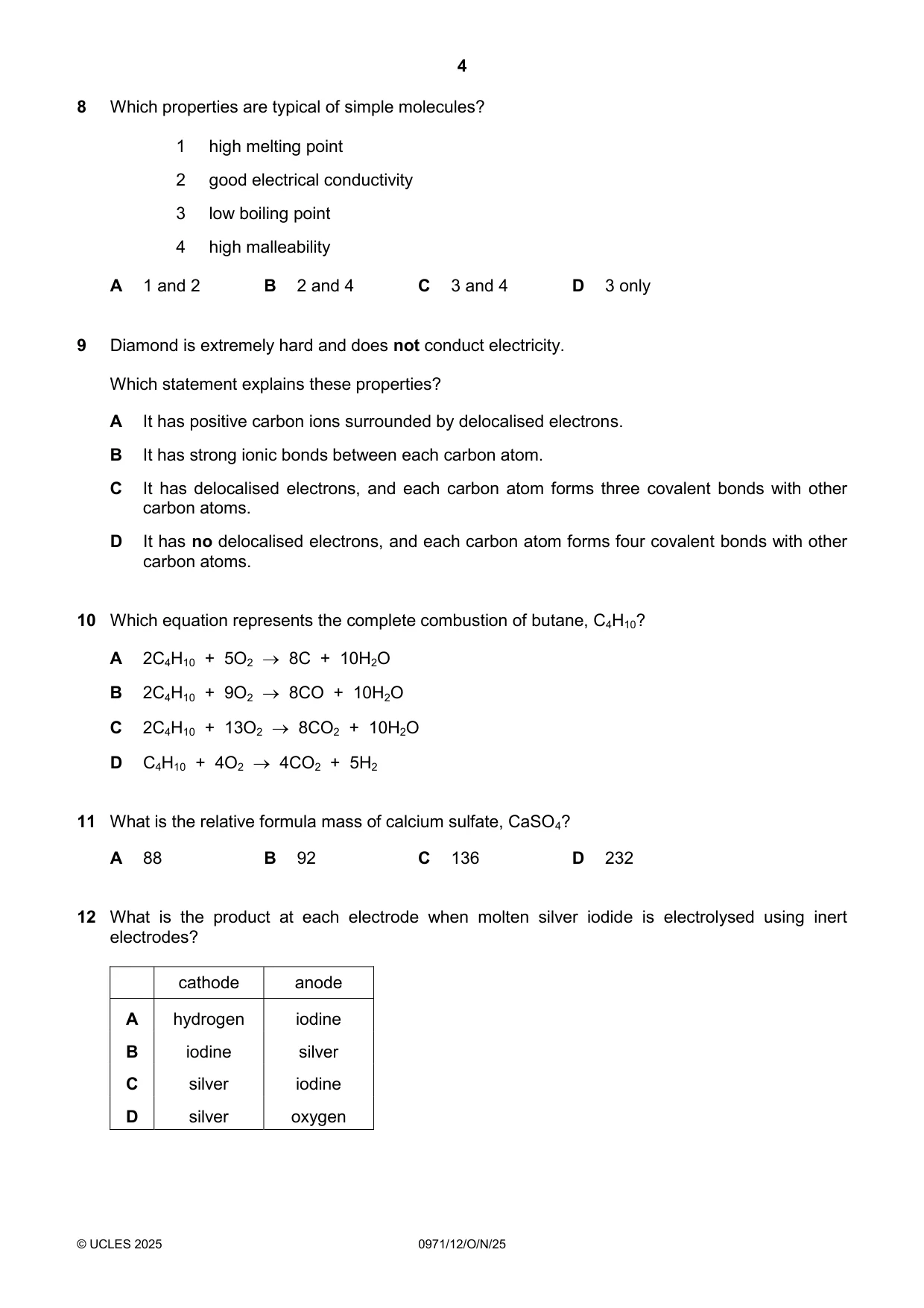 Cambridge IGCSE Chemistry (9-1) 0971 2025 Oct/Nov Paper 1 · Variant 2 question paper, page 4 of 16