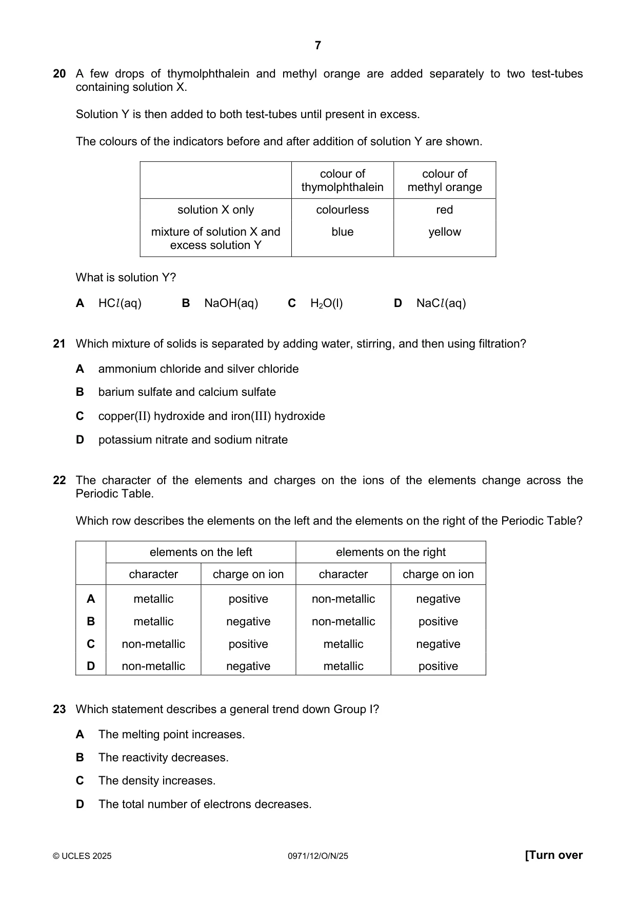 Cambridge IGCSE Chemistry (9-1) 0971 2025 Oct/Nov Paper 1 · Variant 2 question paper, page 7 of 16