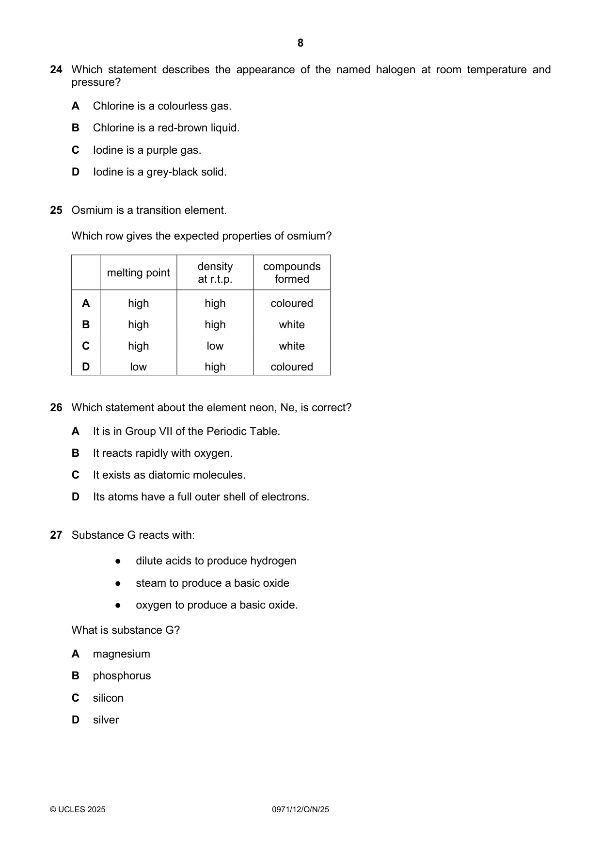 Cambridge IGCSE Chemistry (9-1) 0971 2025 Oct/Nov Paper 1 · Variant 2 question paper, page 8 of 16