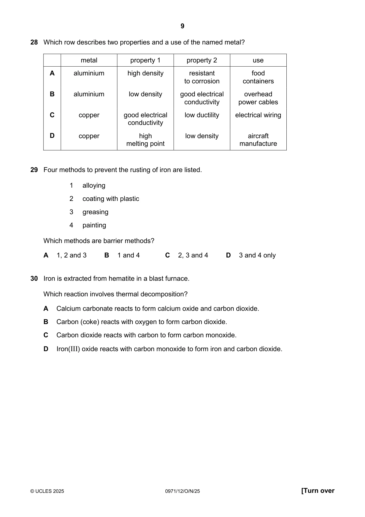 Cambridge IGCSE Chemistry (9-1) 0971 2025 Oct/Nov Paper 1 · Variant 2 question paper, page 9 of 16