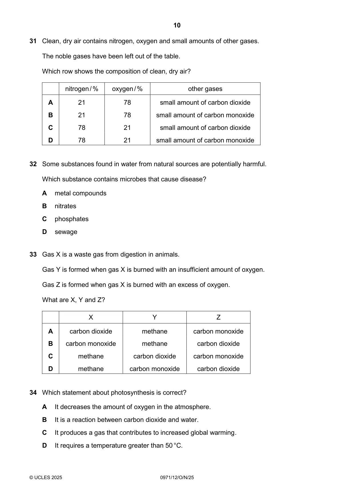 Cambridge IGCSE Chemistry (9-1) 0971 2025 Oct/Nov Paper 1 · Variant 2 question paper, page 10 of 16