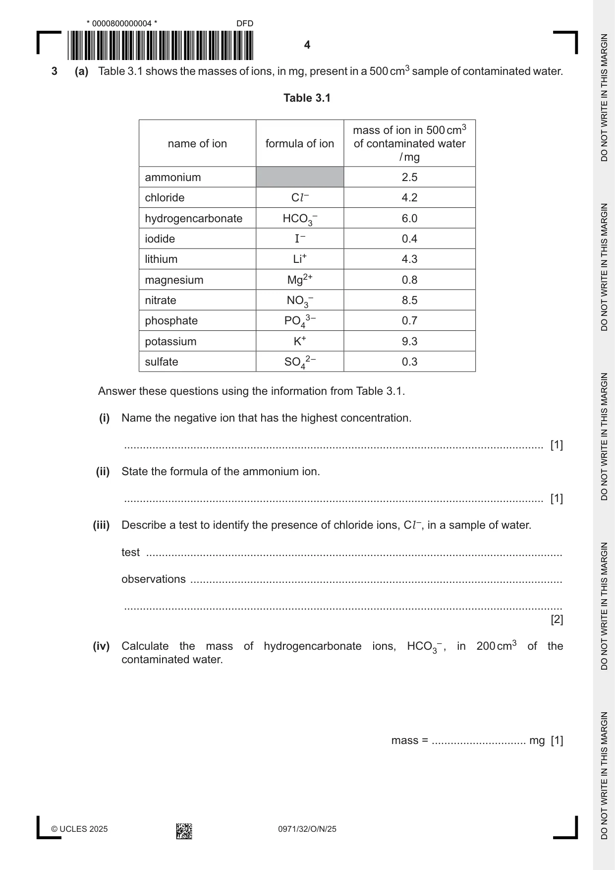 Cambridge IGCSE Chemistry (9-1) 0971 2025 Oct/Nov Paper 3 · Variant 2 question paper, page 4 of 20