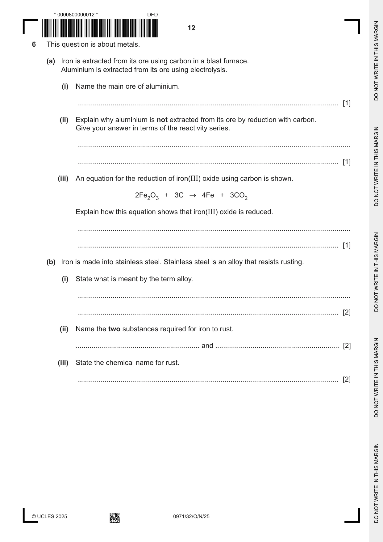 Cambridge IGCSE Chemistry (9-1) 0971 2025 Oct/Nov Paper 3 · Variant 2 question paper, page 12 of 20