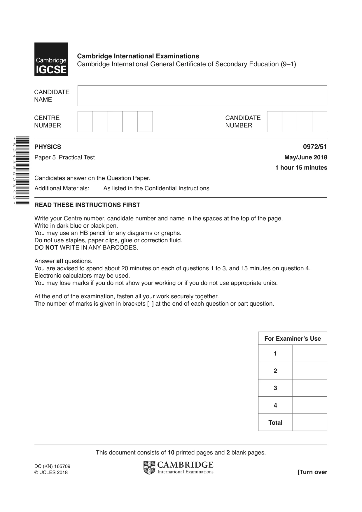 Cambridge IGCSE Physics (9-1) 0972 2018 May/June Paper 5 · Variant 1 question paper, page 1 of 12