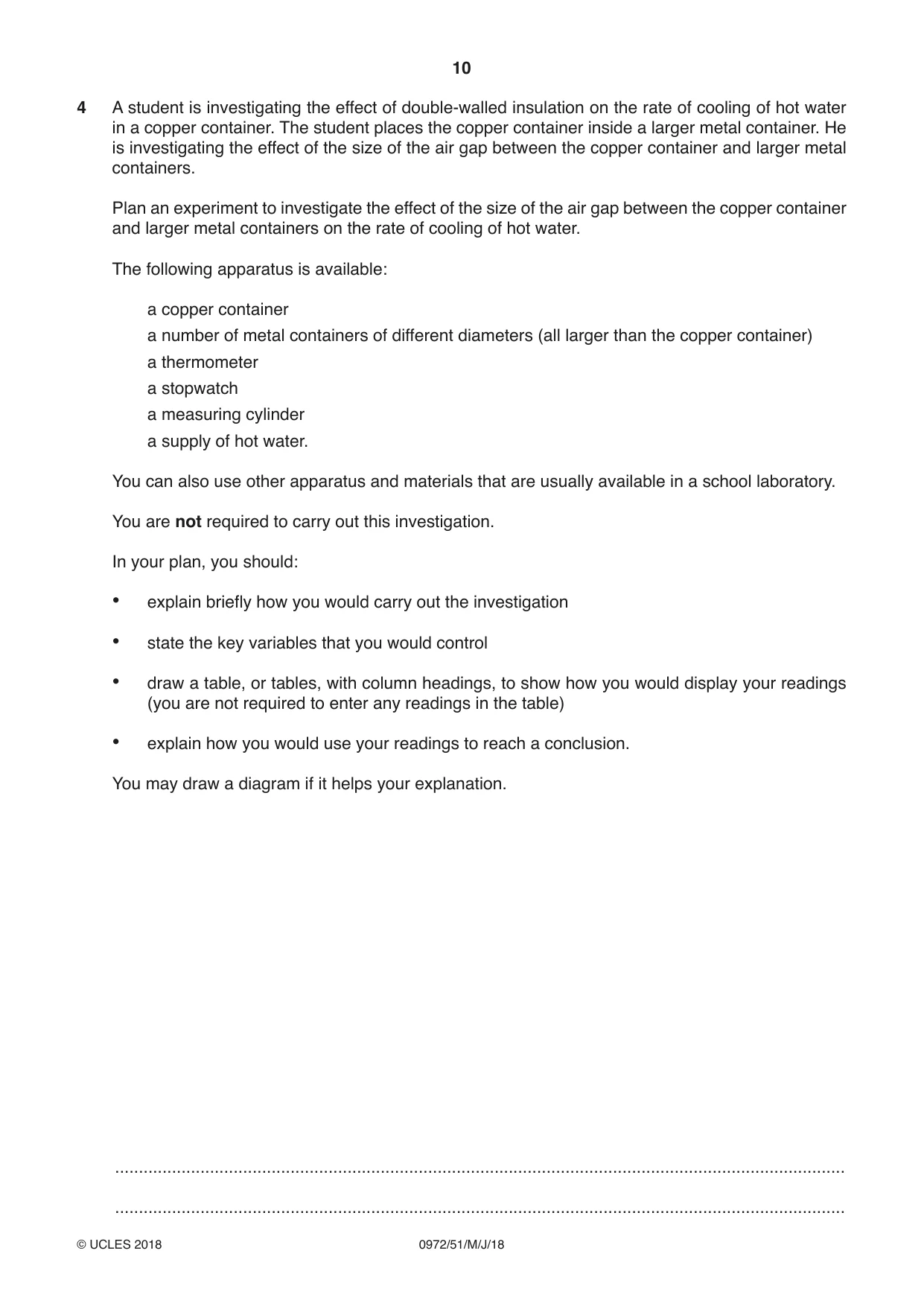 Cambridge IGCSE Physics (9-1) 0972 2018 May/June Paper 5 · Variant 1 question paper, page 10 of 12