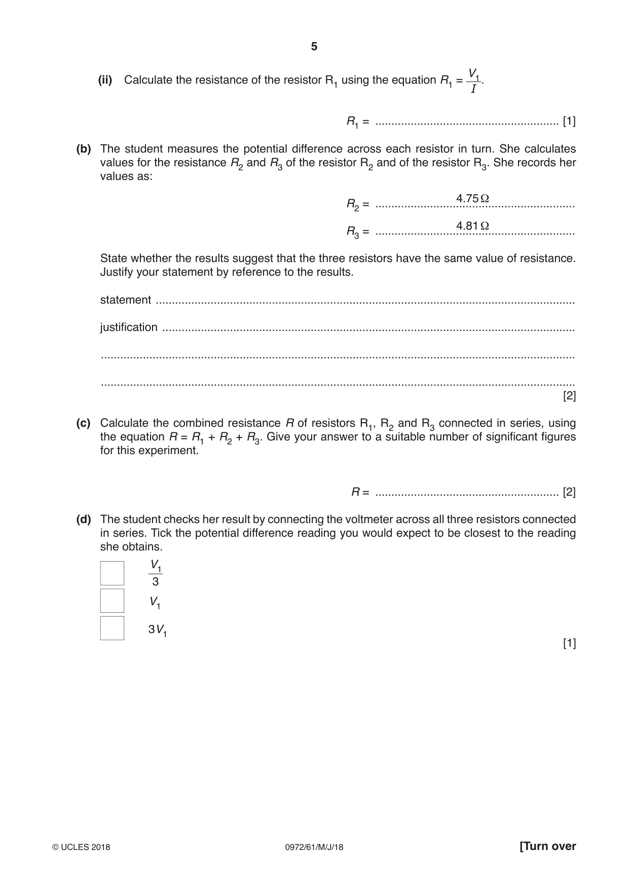 Cambridge IGCSE Physics (9-1) 0972 2018 May/June Paper 6 · Variant 1 question paper, page 5 of 12