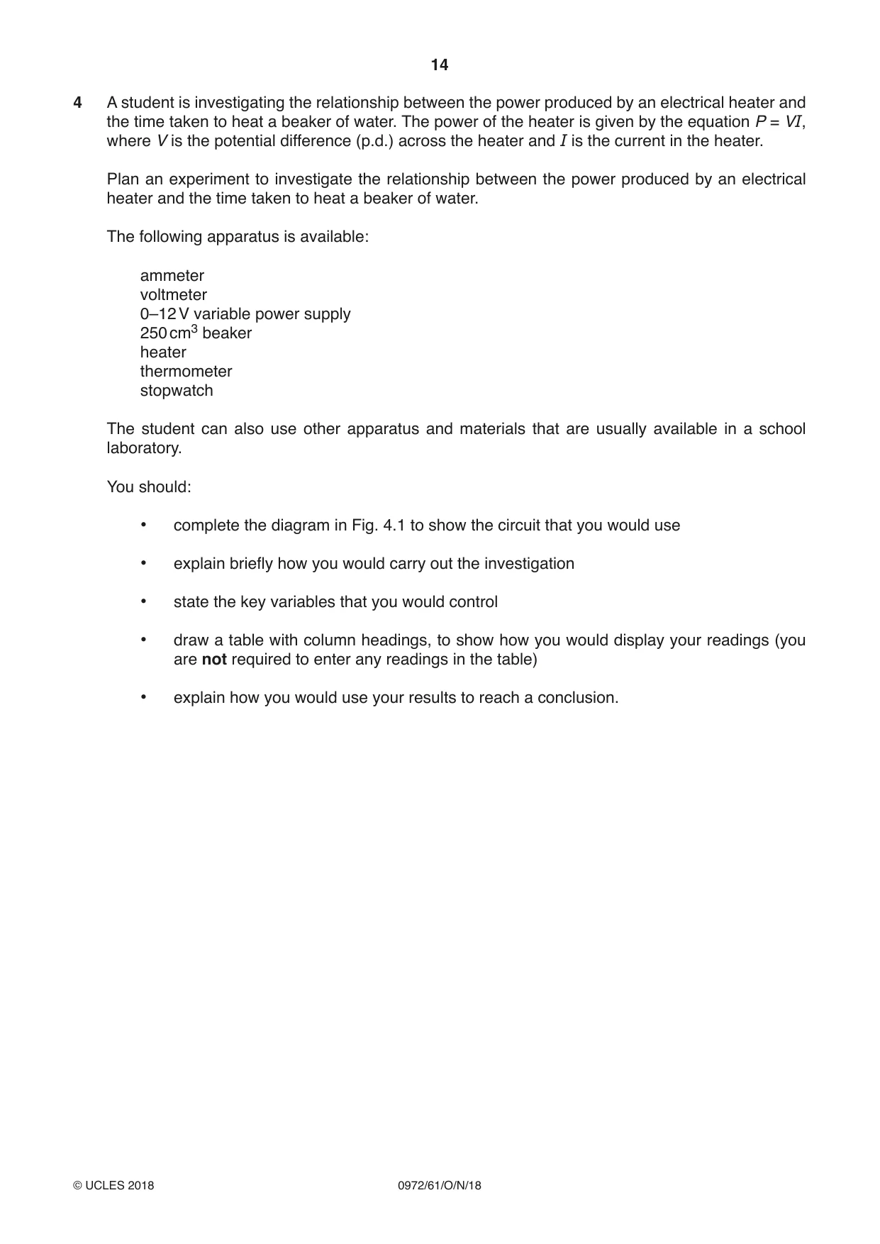 Cambridge IGCSE Physics (9-1) 0972 2018 Oct/Nov Paper 6 · Variant 1 question paper, page 14 of 16