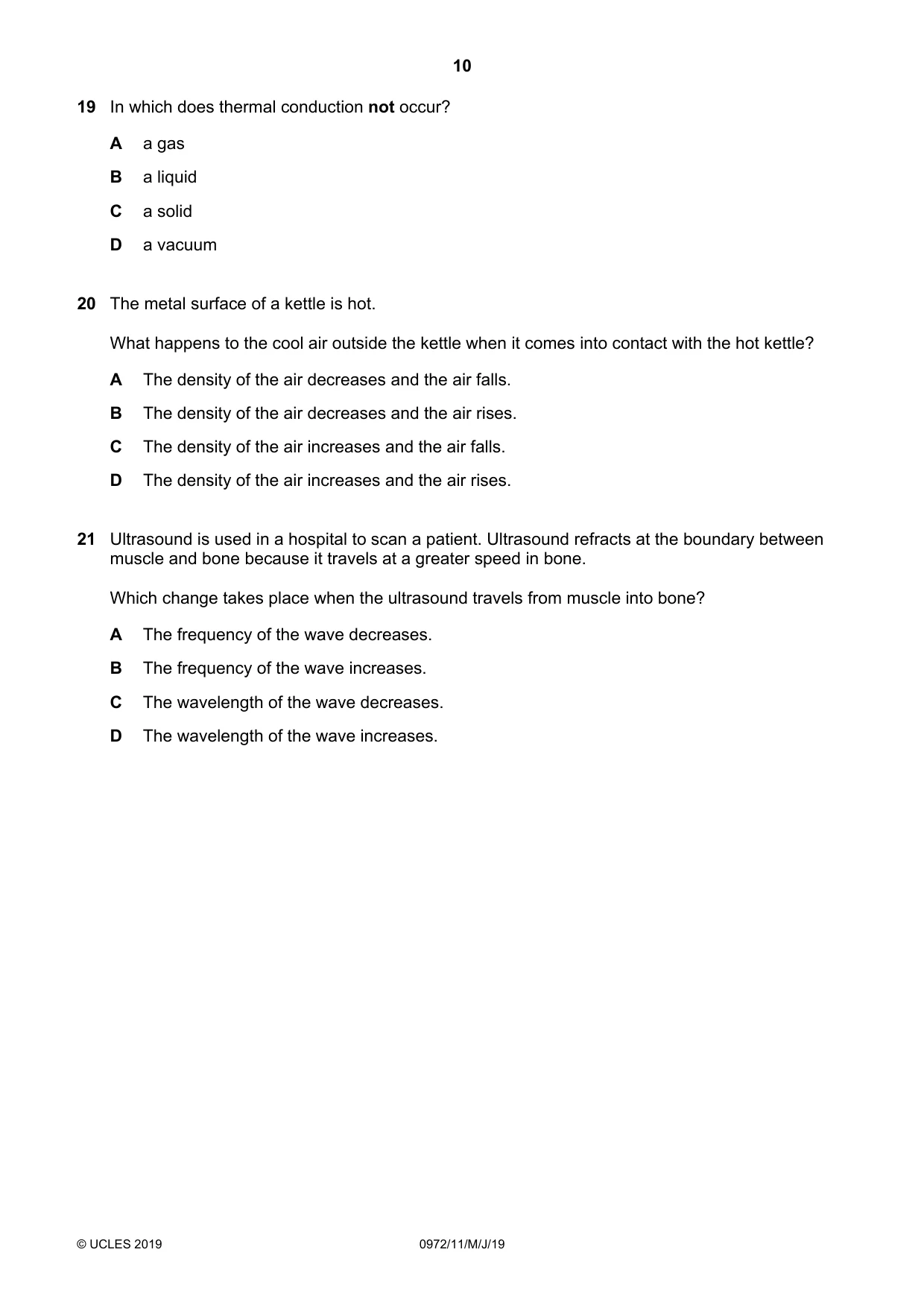 Cambridge IGCSE Physics (9-1) 0972 2019 May/June Paper 1 · Variant 1 question paper, page 10 of 20
