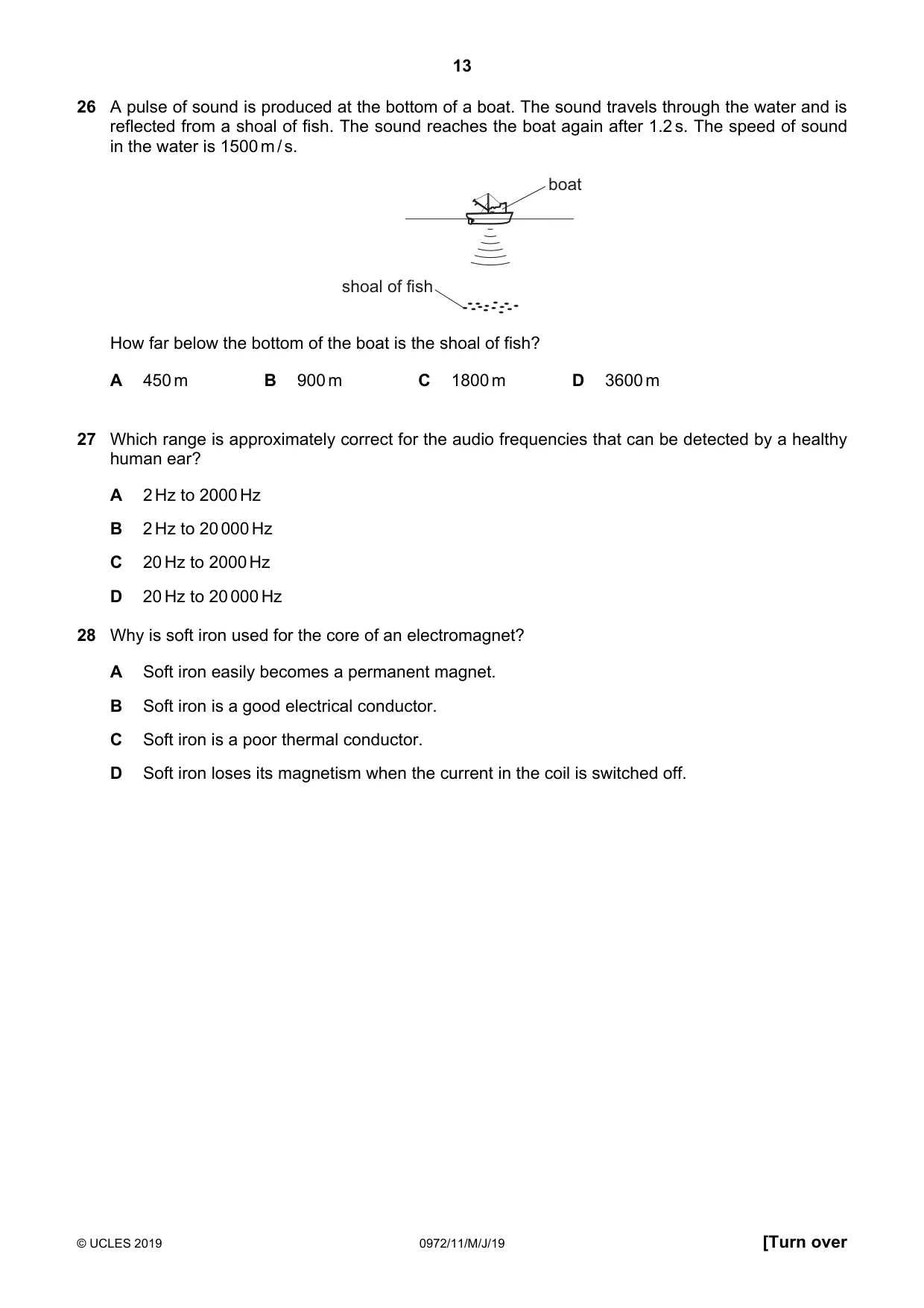 Cambridge IGCSE Physics (9-1) 0972 2019 May/June Paper 1 · Variant 1 question paper, page 13 of 20