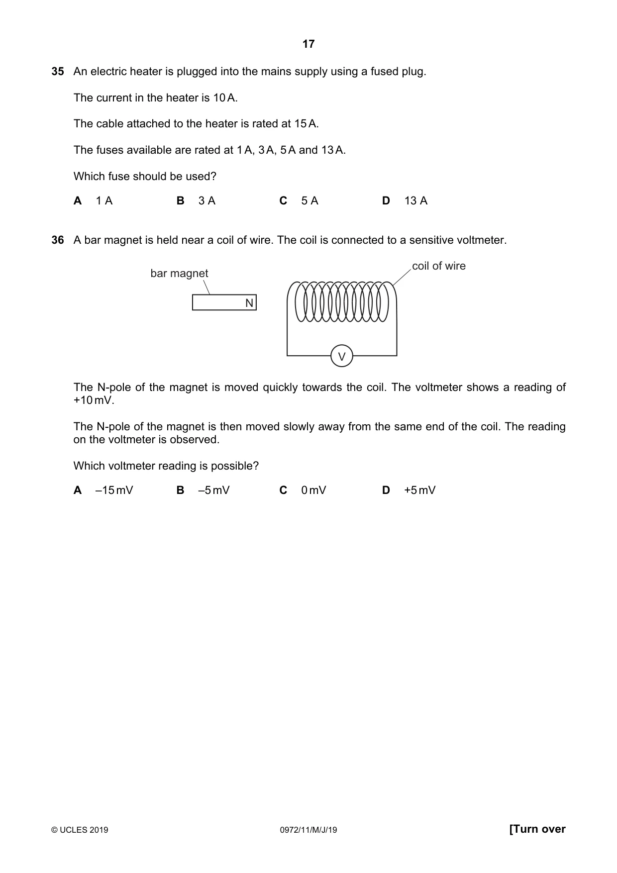 Cambridge IGCSE Physics (9-1) 0972 2019 May/June Paper 1 · Variant 1 question paper, page 17 of 20