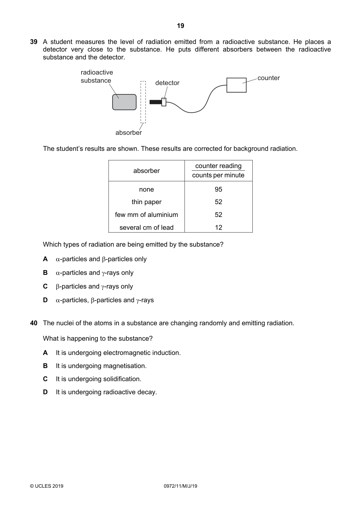 Cambridge IGCSE Physics (9-1) 0972 2019 May/June Paper 1 · Variant 1 question paper, page 19 of 20