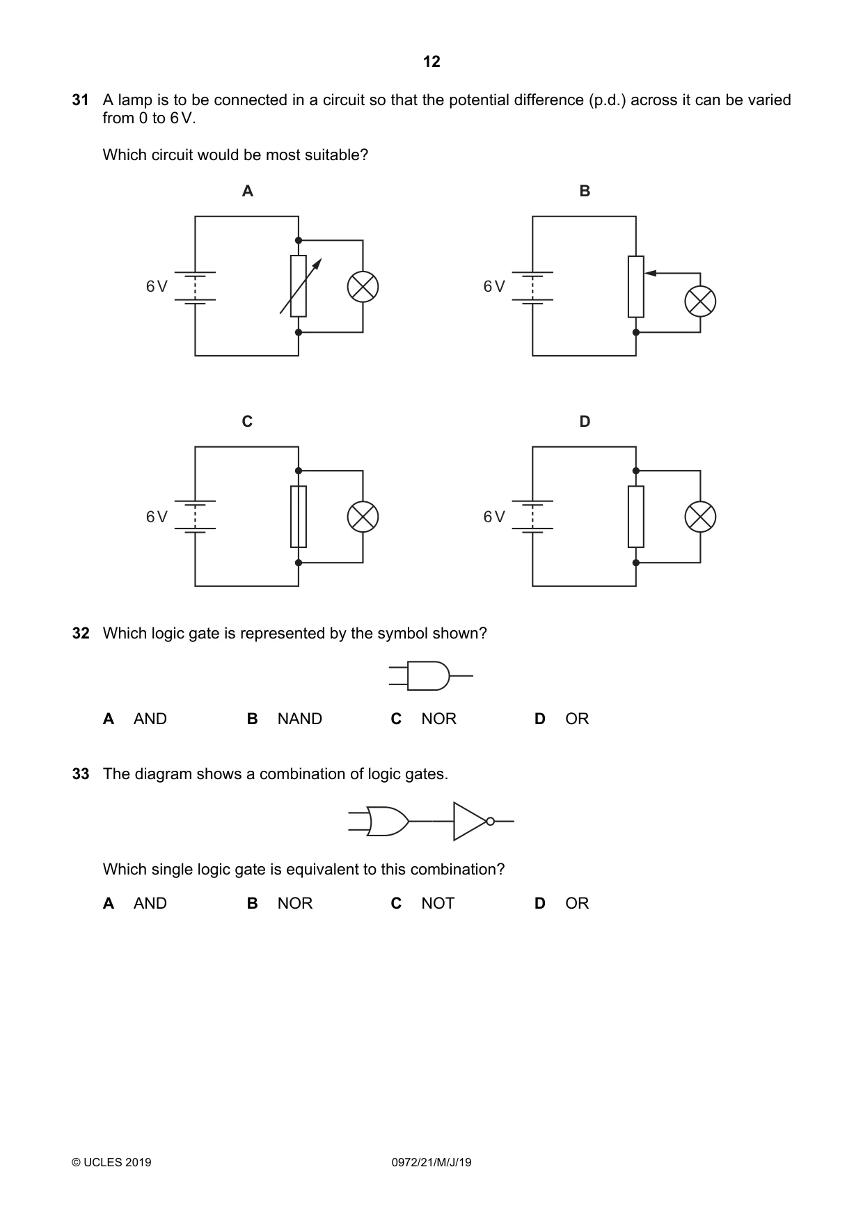 Cambridge IGCSE Physics (9-1) 0972 2019 May/June Paper 2 · Variant 1 question paper, page 12 of 16