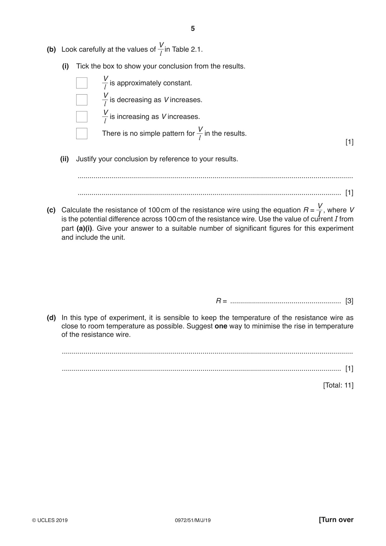 Cambridge IGCSE Physics (9-1) 0972 2019 May/June Paper 5 · Variant 1 question paper, page 5 of 12