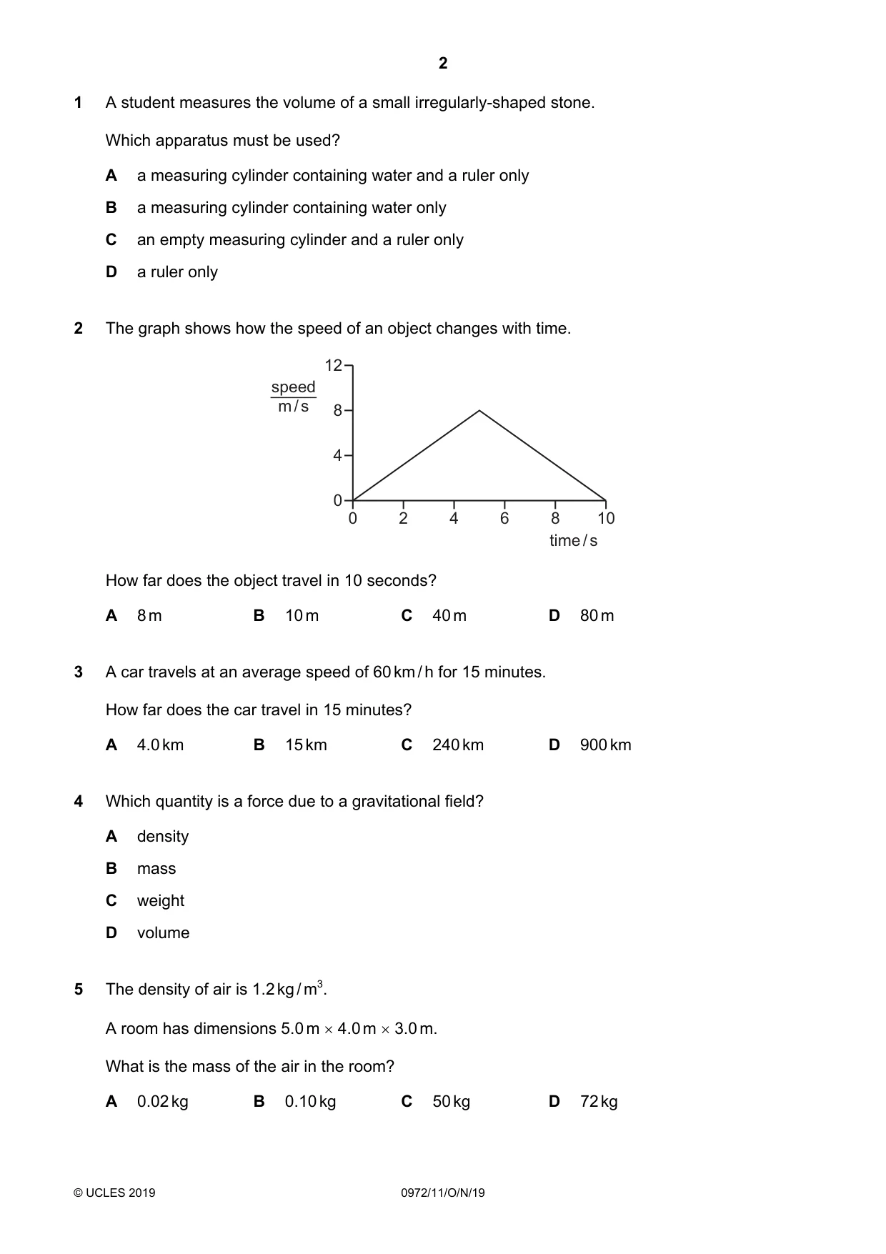Cambridge IGCSE Physics (9-1) 0972 2019 Oct/Nov Paper 1 · Variant 1 question paper, page 2 of 16