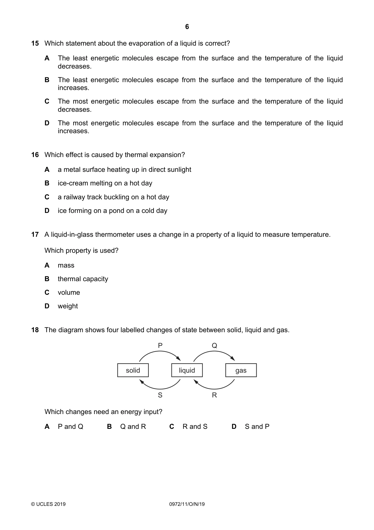 Cambridge IGCSE Physics (9-1) 0972 2019 Oct/Nov Paper 1 · Variant 1 question paper, page 6 of 16