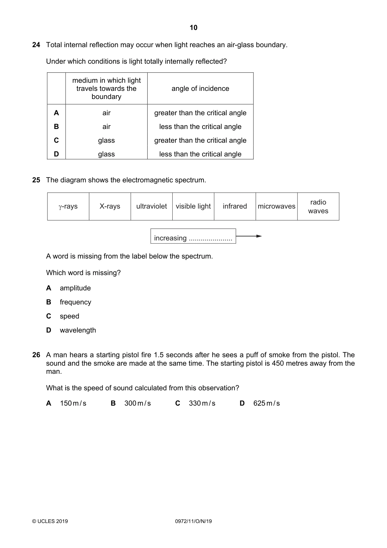 Cambridge IGCSE Physics (9-1) 0972 2019 Oct/Nov Paper 1 · Variant 1 question paper, page 10 of 16