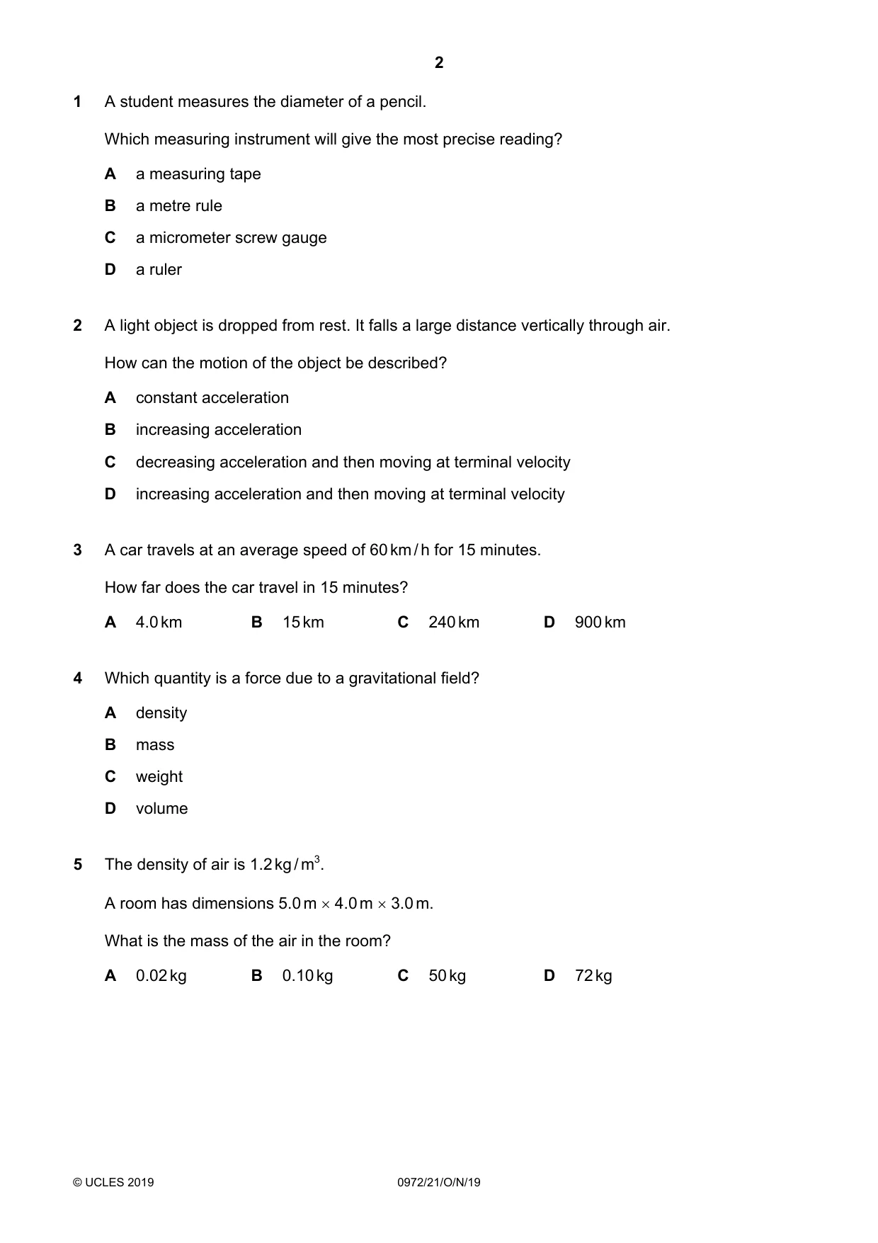Cambridge IGCSE Physics (9-1) 0972 2019 Oct/Nov Paper 2 · Variant 1 question paper, page 2 of 16