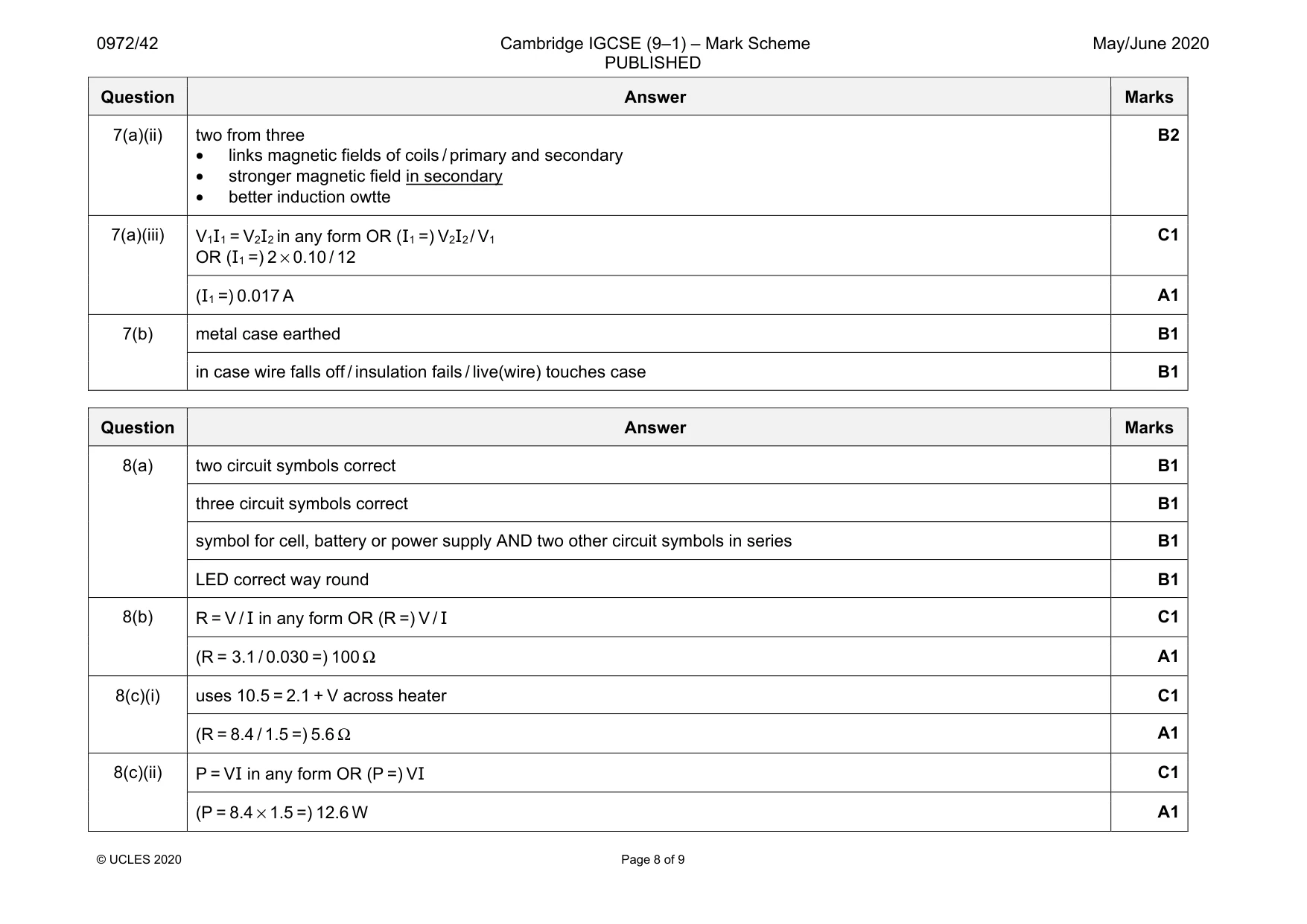 Mark scheme, page 8 of 9