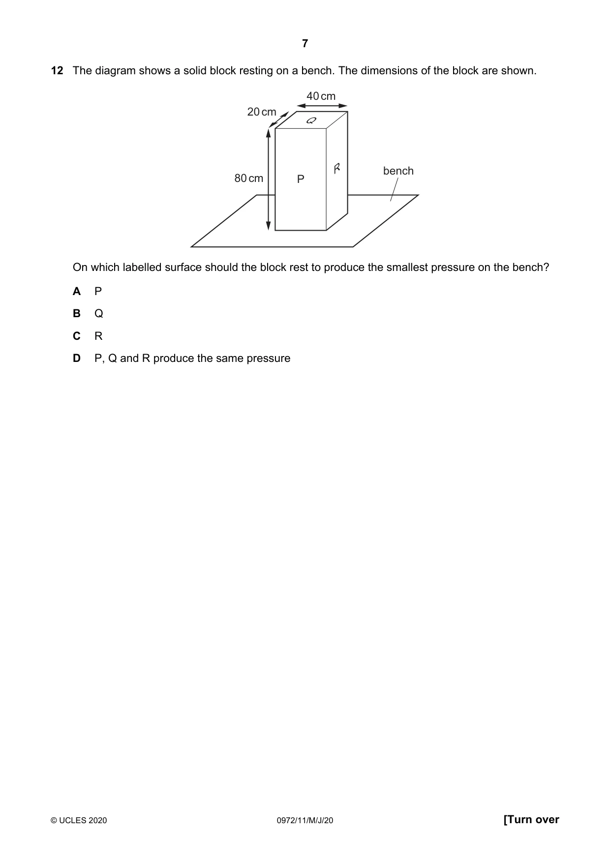 Cambridge IGCSE Physics (9-1) 0972 2020 May/June Paper 1 · Variant 1 question paper, page 7 of 20