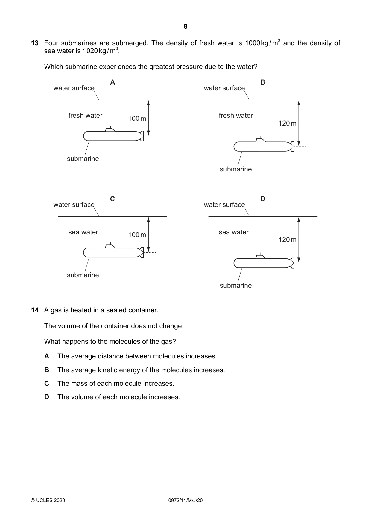 Cambridge IGCSE Physics (9-1) 0972 2020 May/June Paper 1 · Variant 1 question paper, page 8 of 20